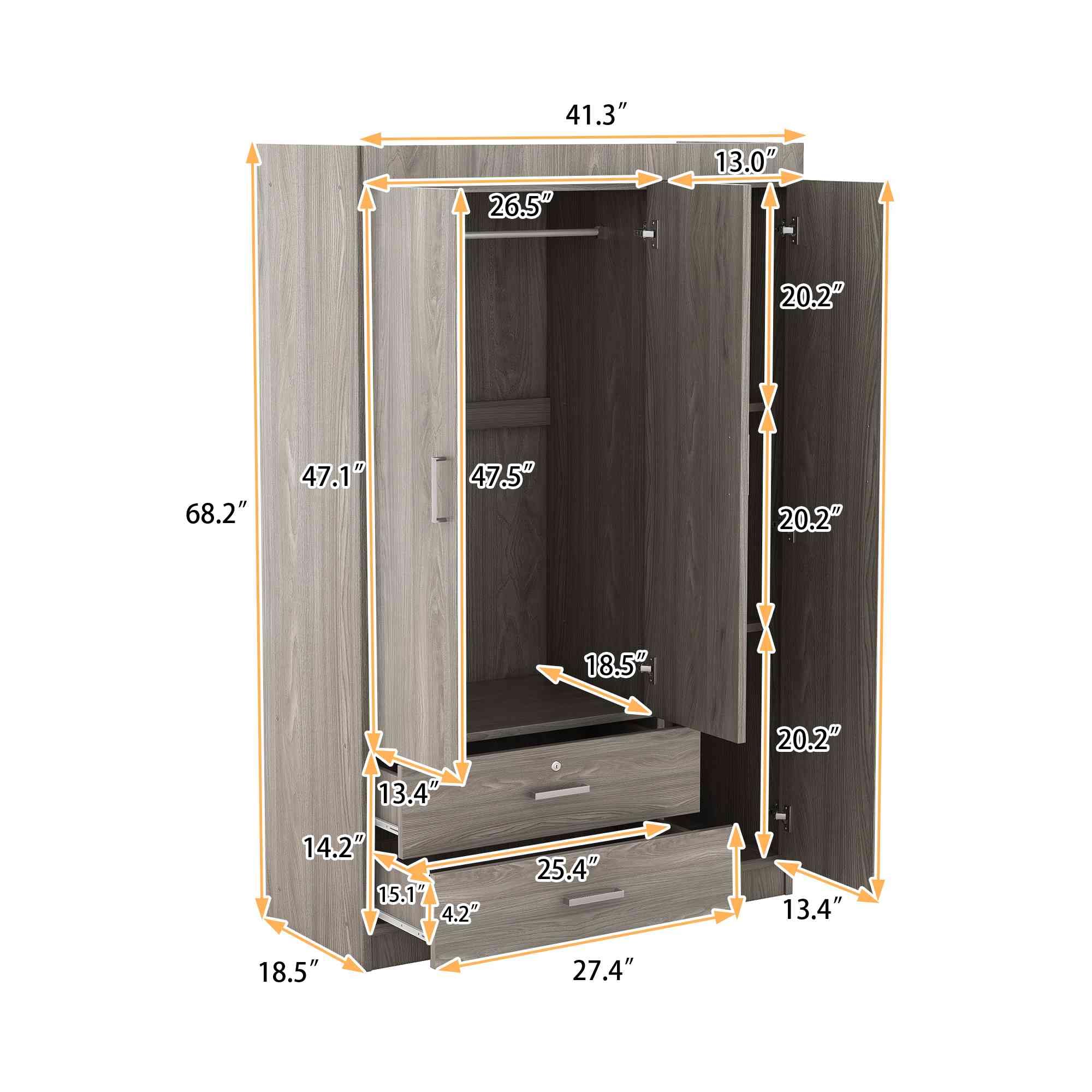 ATY Wooden 3-Door Wardrobe Closet with 2 Drawers & Shelves, Freestanding Clothes Storage Cabinet with Hanging Rail - Gray Armoire Organizer for Bedroom, Closet, Dorm Room & Home Office Storage Solution