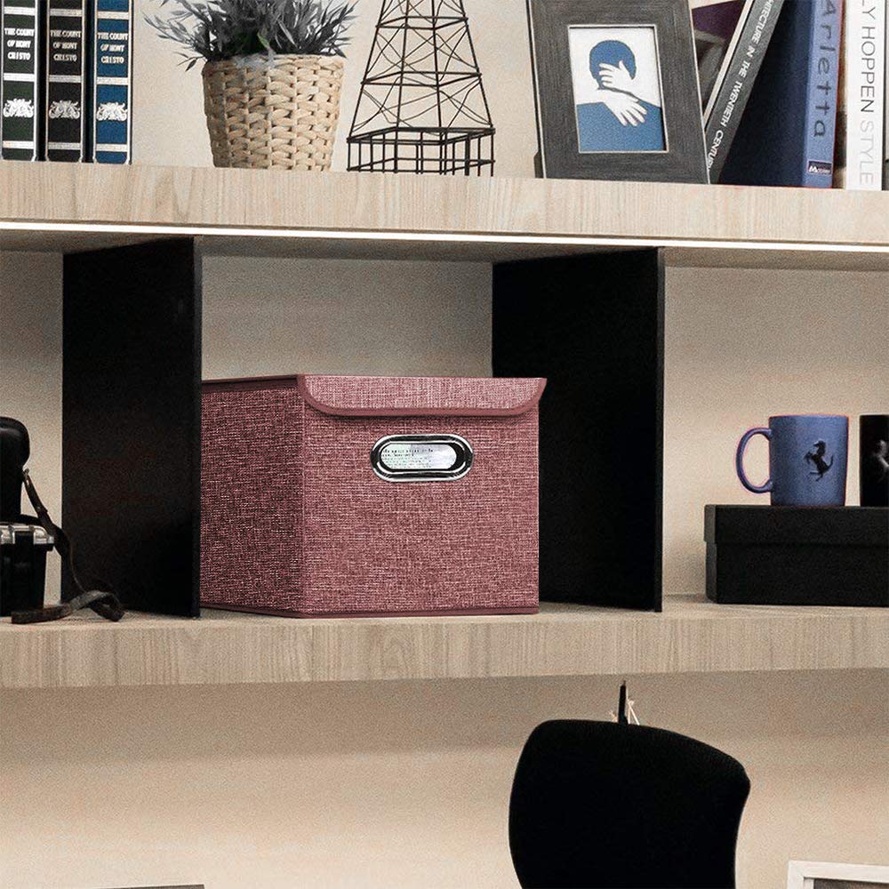 Foldable Fabric Storage Bins with Lids [Set of 4] - 10x10x10 Inch Collapsible Organizer Boxes for Home, Closet & Office Organization - Red Linen Cloth Storage Cubes