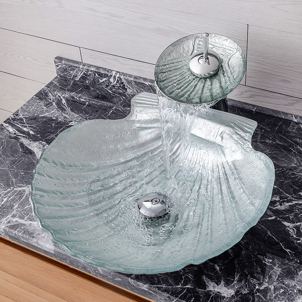 Lovedima Crystal Glass Vessel Sink - Transparent Shell Shaped Bathroom Vanity Wash Basin for Countertop Installation with Faucet | Modern Bathroom Decor for Master Bath, Powder Room & Guest Bath