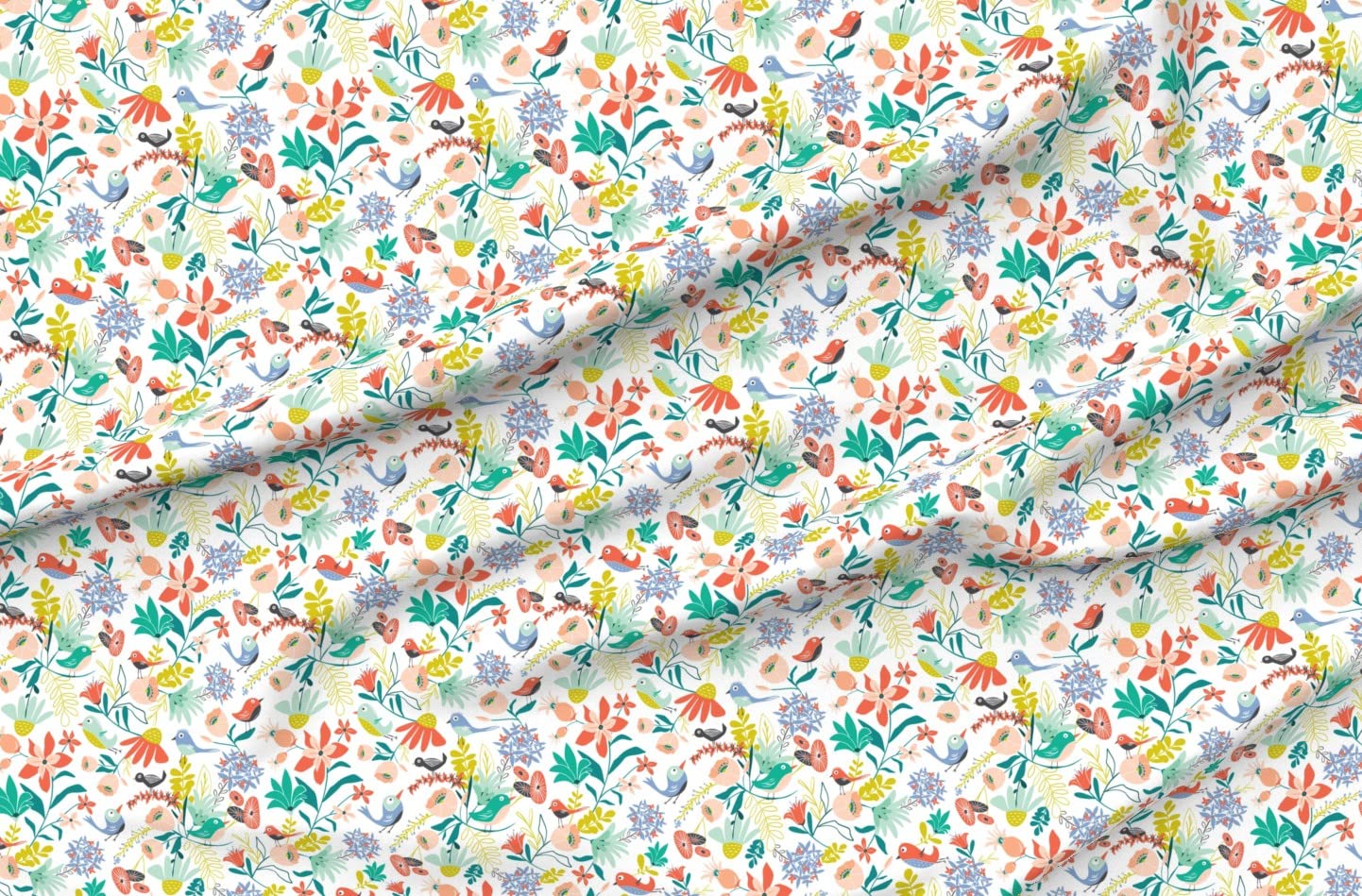 Garden Bird Floral Printed Cotton Fabric by The Yard - Spring Summer Chintz Design for Sewing, Quilting, Apparel & Home Decor | Perfect for DIY Crafts, Dresses, Curtains and Pillow Covers