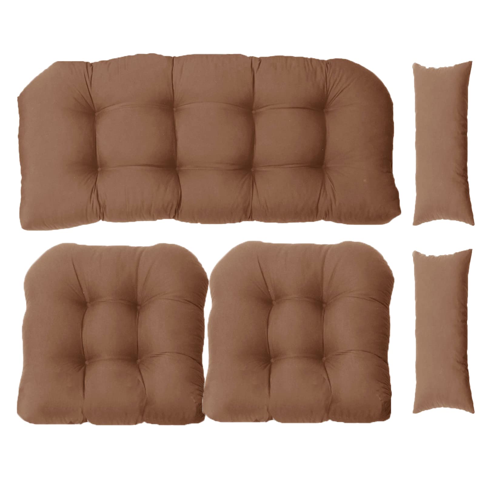 5-Piece All-Weather Outdoor Patio Furniture Cushion Set - 1 Loveseat, 2 U-Shaped & 2 Lumbar Pillows - Durable Wicker Settee Cushions for Garden, Deck, Poolside (Brown) - Perfect for Relaxing on Patio, Porch or Backyard Furniture