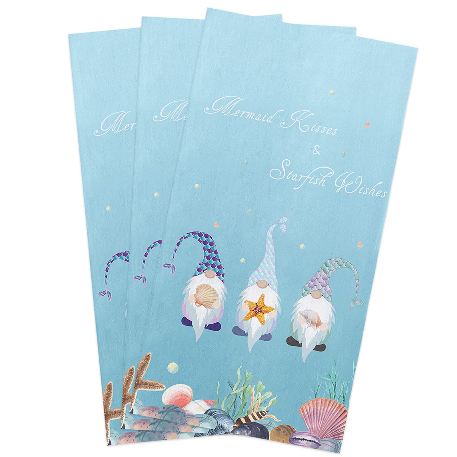 **Premium Mermaid Gnomes Kitchen Towels Set - 3 Pack Absorbent Soft Cotton Dish Cloths (18x28 Inches) for Dishes, Bar & Tea Towels - Ocean Mermaid Tail Scales, Conch & Starfish Design - Perfect for Kitchen, Dining & Coastal Themed Decor**