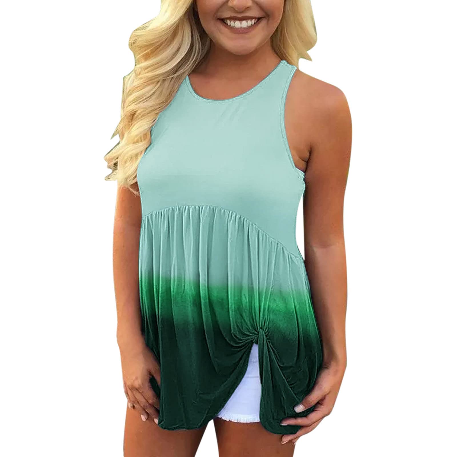 Women's Gradient Color Loose Fit Ruffled Twist Blouse - Casual Round Neck Splicing Tank Top for Everyday Wear & Summer Outfits