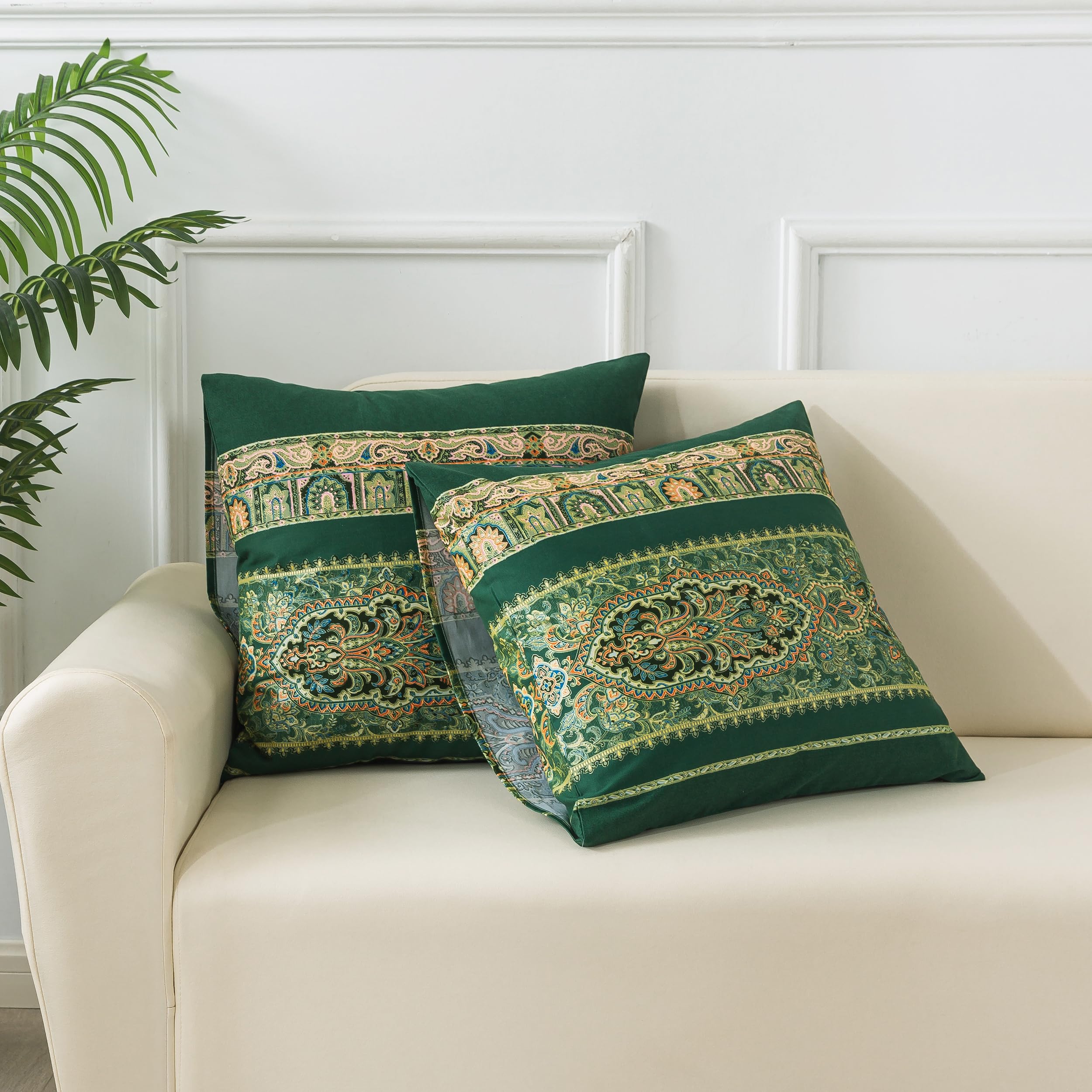 Softta Green Boho Paisley 16x16 Inches Square Pillow Covers Set of 2 - 100% Brushed Cotton Decorative Throw Pillow Cases (No Insert) - Perfect for Bohemian Living Room, Bedroom & Outdoor Decor