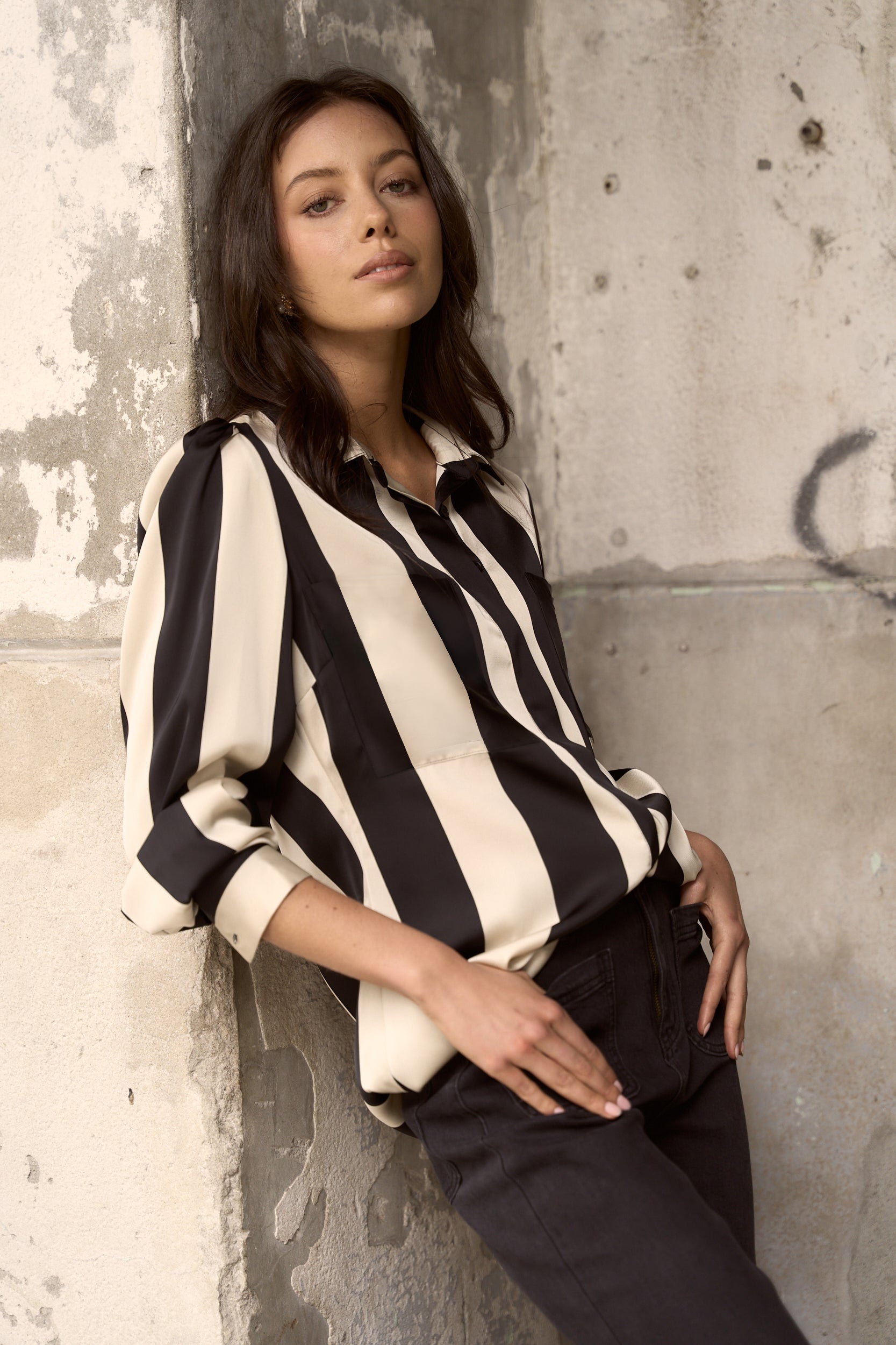 Stylish Solid Black Striped Long Sleeve Blouse for Women - Perfect for Office Wear, Casual Outings & Date Nights