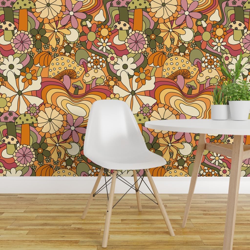 12ft x 2ft Removable Peel & Stick Wallpaper - Groovy Mushroom Garden Design | Self-Adhesive Wall Decor for Bedroom, Nursery & Living Room | Easy DIY Home Renovation by Spoonflower