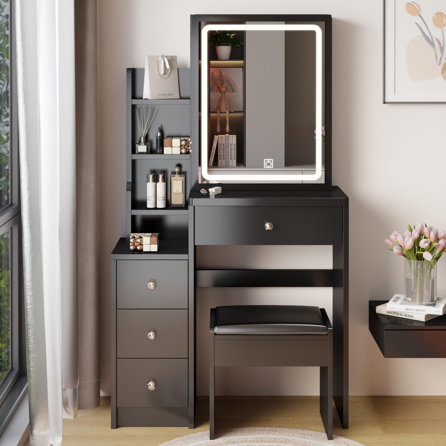 Elegant Black Vanity Desk with LED Mirror & Cushioned Stool - Touch Control, Tri-Color Lighting, Adjustable Brightness - Perfect for Makeup, Skincare & Dressing Room Organization (Large Sliding Drawer)