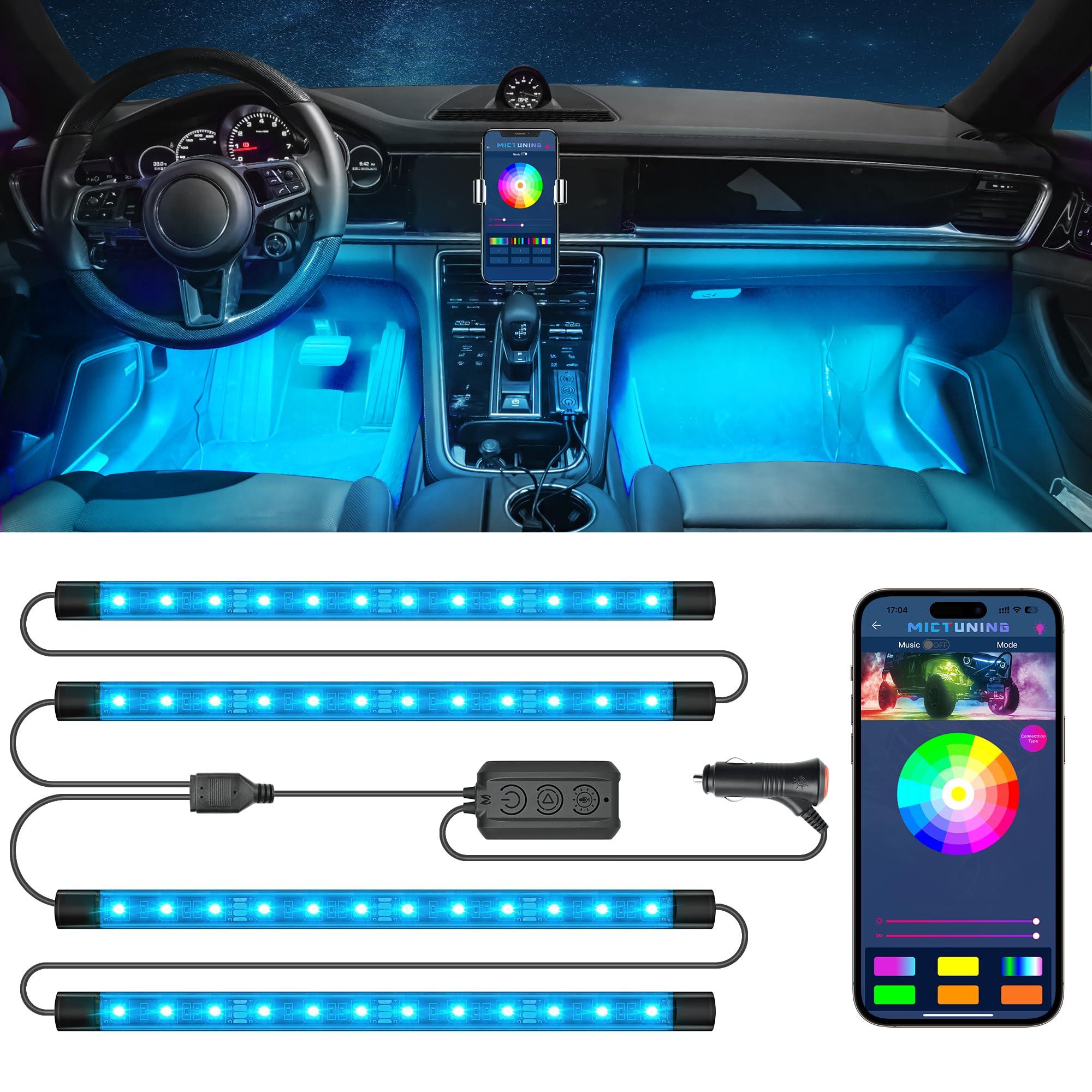 MICTUNING N1 Interior Car LED Strip Lights Kit - 12V RGB Ambient Lighting with 2-Line Design, APP Control for Car Cabin, Footwell, and Dashboard Decoration