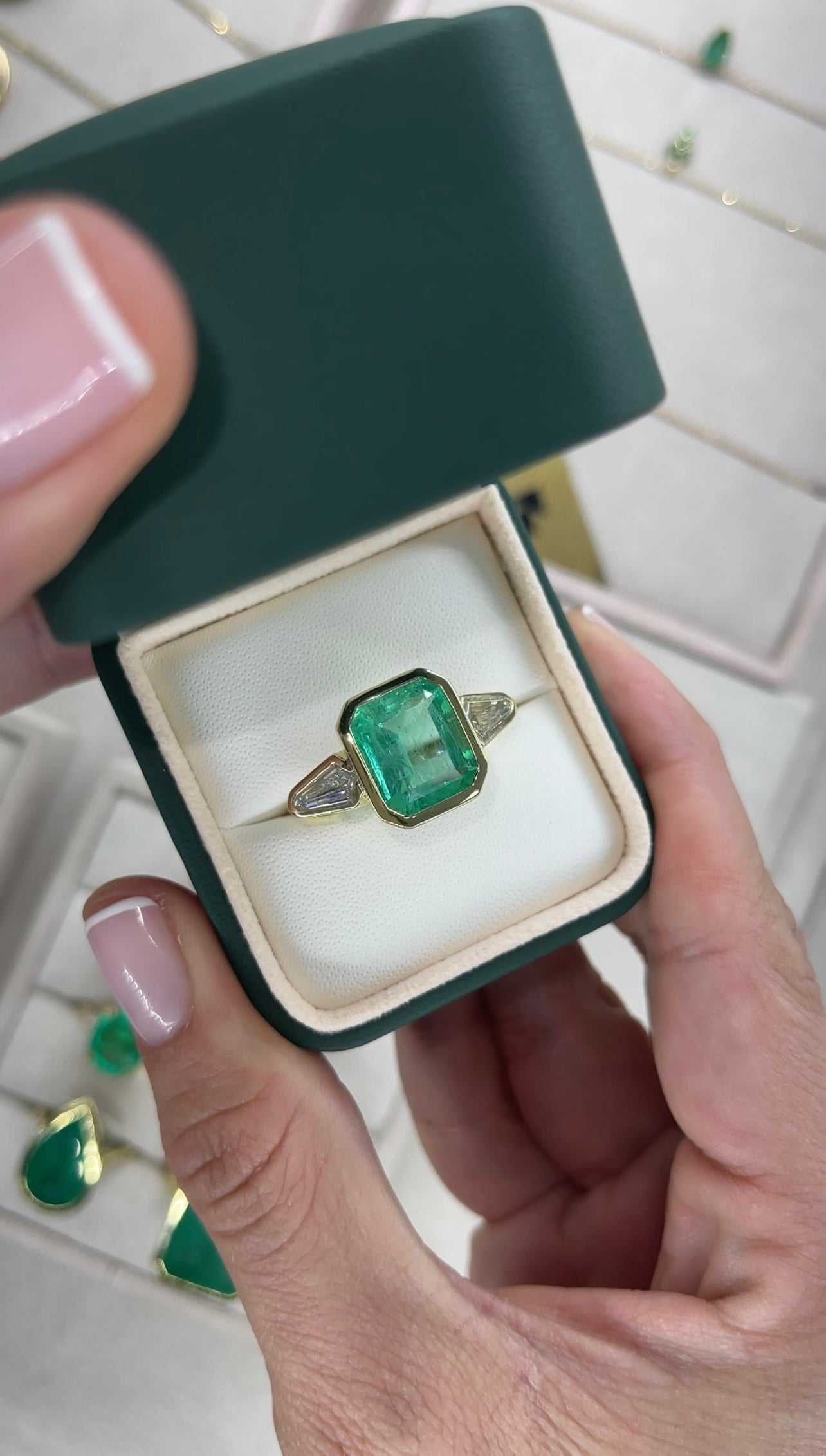 7.49tcw Colombian Emerald & Kite Diamond Three Stone Ring in 18K Gold Bezel Setting - Perfect for Engagement, Anniversary & Special Occasion Jewelry Gifts