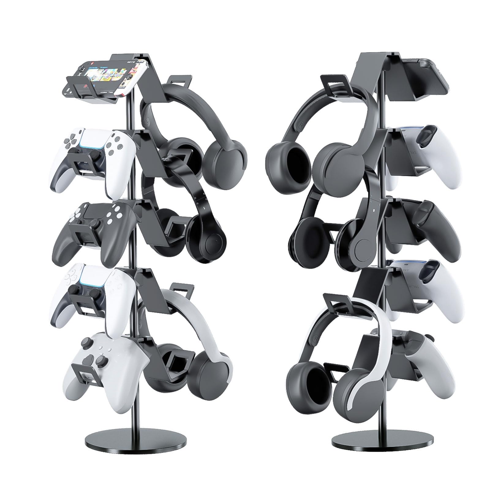5-Tier Universal Controller Stand & Headphone Holder - Organize Gaming Headsets & Controllers - Durable Black Design for Gaming Setup & Desk Organization