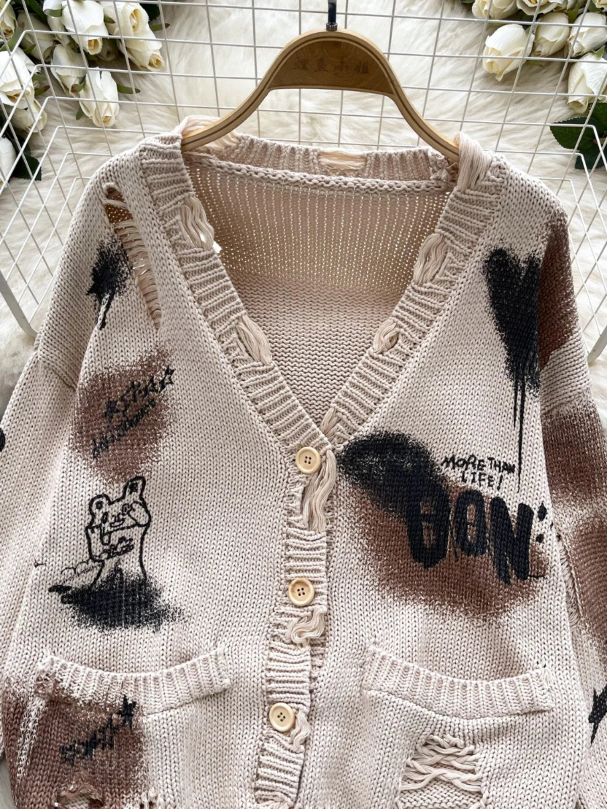 Women's Beige Graffiti Print Long Sleeve Cardigan Sweater - Korean Style Loose Knit Button Up Top for Autumn Winter Fashion | Casual Outfit, Office Wear, Coffee Date & Street Style
