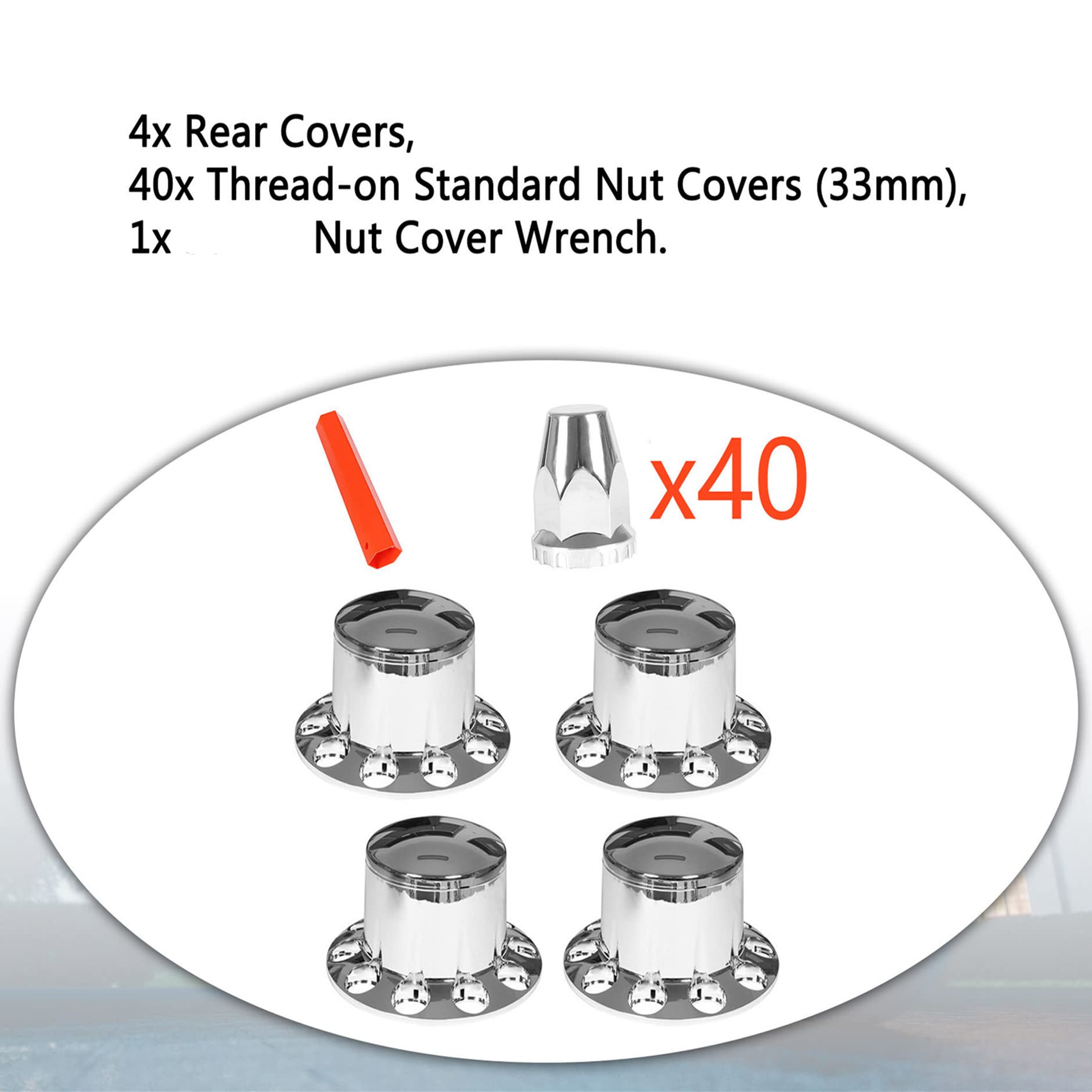 Chrome Semi Truck Wheel Hub Cover Kit - 33mm Lug Nut Covers & Axle Center Caps for 20
