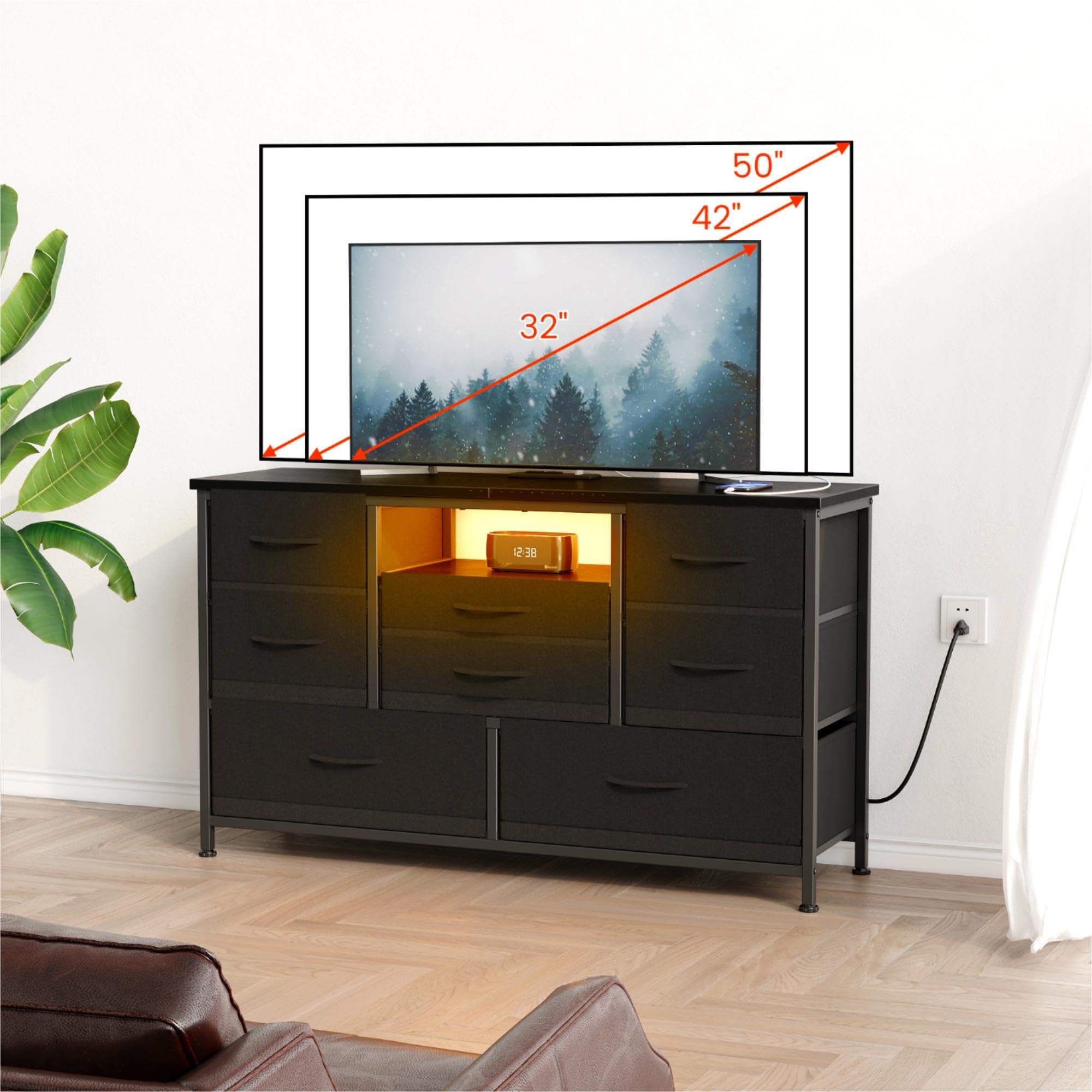 Jojoka 8-Drawer TV Stand with Power Outlet & LED Lights for 55-Inch TVs - Long Wooden Dresser for Bedroom Storage - Wide Console Table with Deep Drawers for Living Room, Entryway & Closet Organization - Perfect for Home Entertainment & Storage Solutions