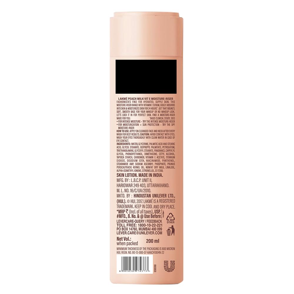 Lakme Peach Milk Ceramide Moisturizer with Hyaluronic Acid & Vitamin E - Deep Hydration & Skin Repair Cream for Dry, Normal & Sensitive Skin | 200ml | Daily Face Moisturizer for Glowing Skin at Home & Travel