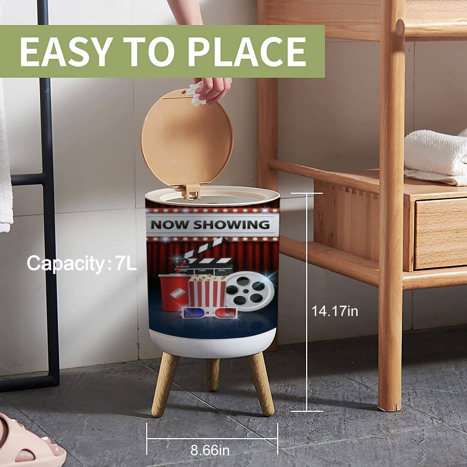 Small Trash Can with Lid - 1.8 Gallon Round Waste Bin with Press Cover, Dog Proof Garbage Bin for Kitchen, Bathroom & Living Room - Perfect for Movie Theaters, Home Cinemas and Red Curtain Decor