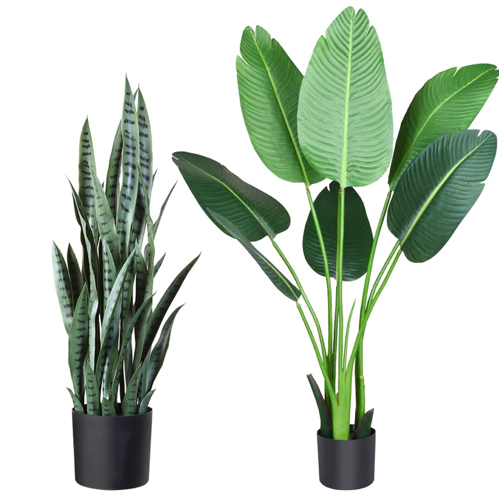 Fopamtri 38-Inch Artificial Snake Plant & 4-Ft Bird of Paradise Fake Plants Set - Realistic Home Decor for Living Room, Office, or Indoor Greenery