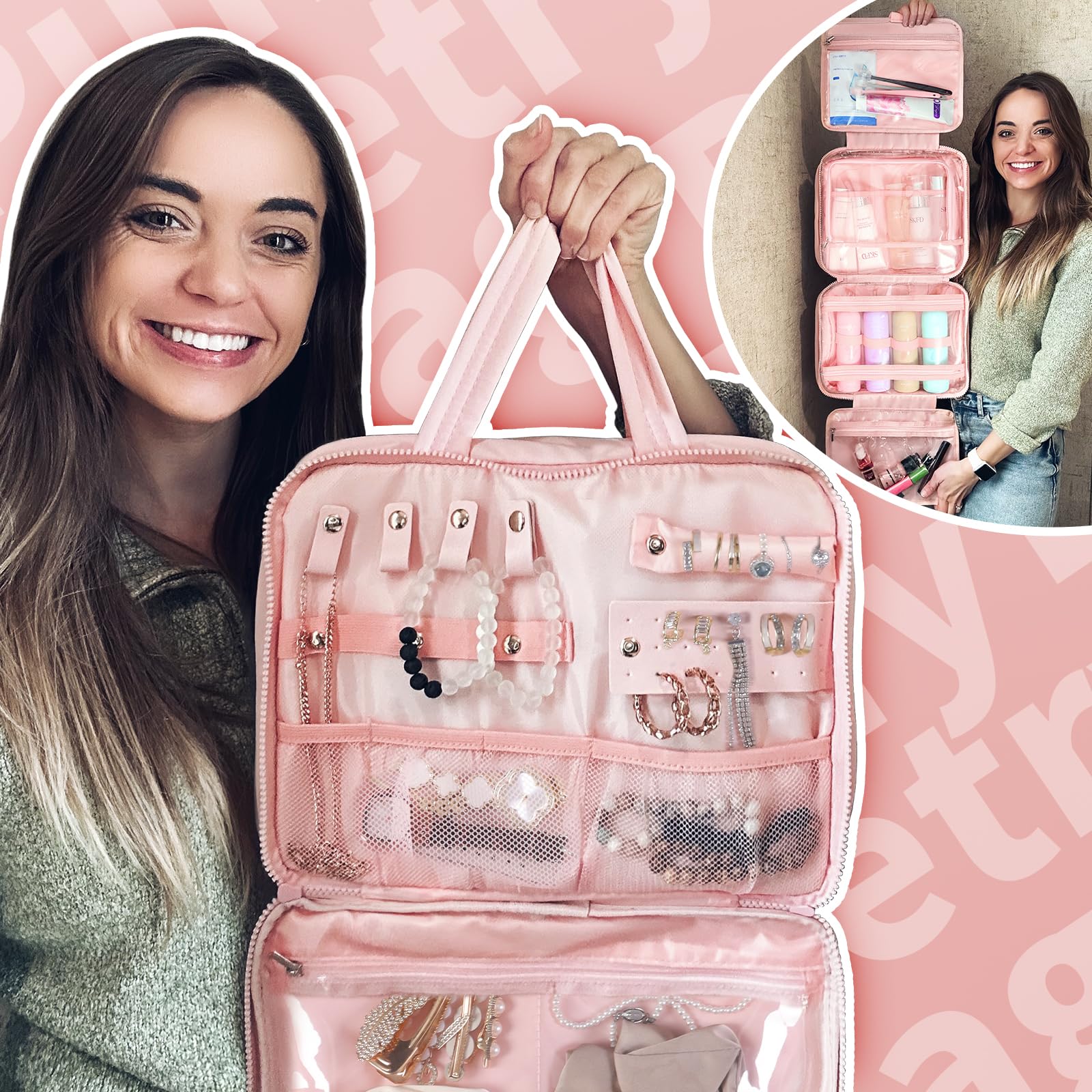 WOOMADA Hanging Toiletry Bag with Jewelry Organizer - Travel Cosmetic Bag for Women - Perfect for Vacation & Business Trips