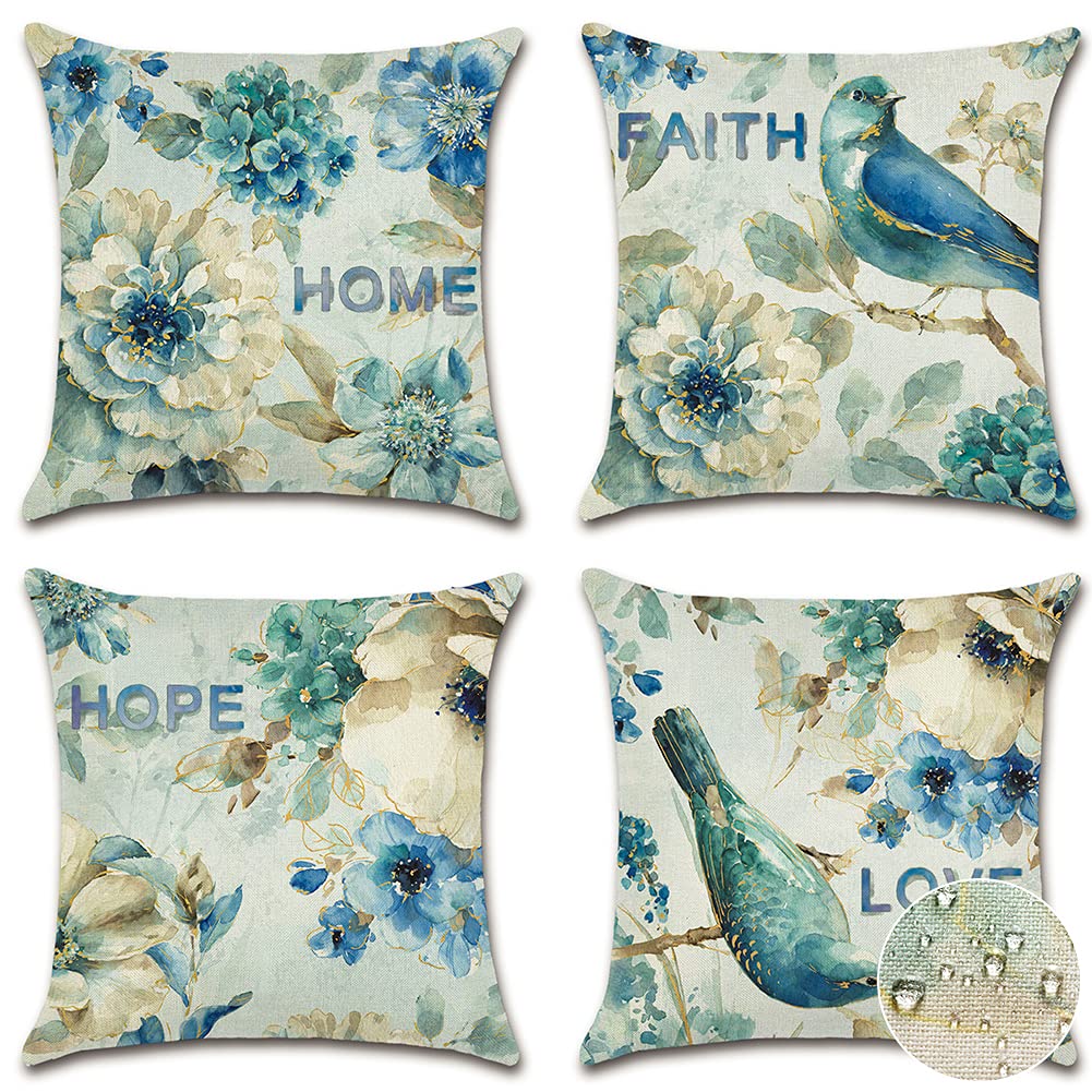 OTOSTAR Set of 4 Waterproof Outdoor Decorative Throw Pillow Covers - 18x18 Inch Linen Square Cushion Cases with Blue Floral Bird Pattern - Perfect for Garden, Patio, Couch, Tent & Home Decor (Blue Flowers and Birds Design)