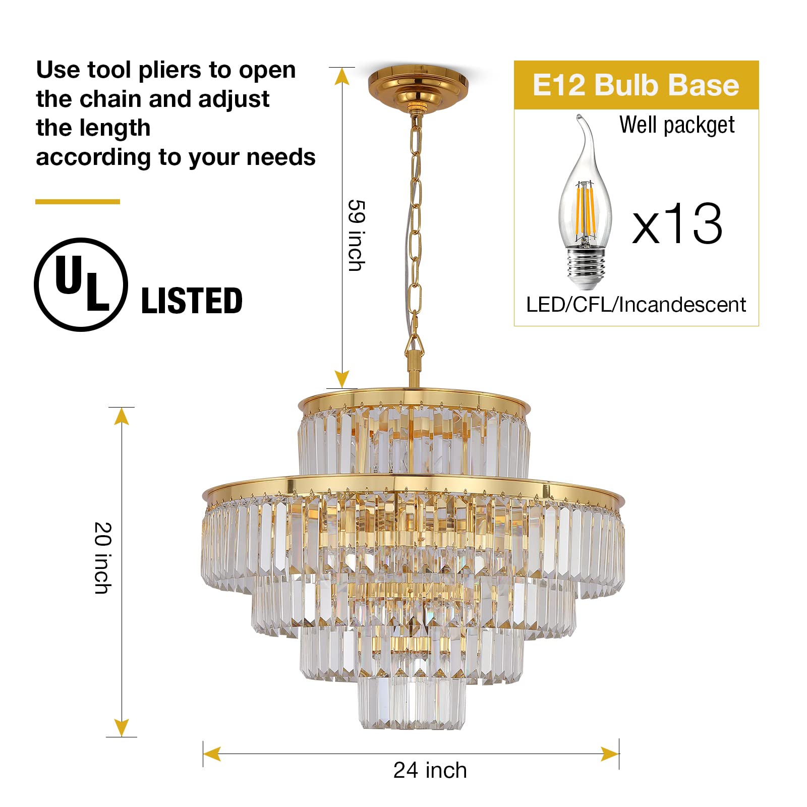 Modern Gold Crystal Chandelier - 5-Tier Round Pendant Ceiling Light Fixture (24 Inch, Golden Orange) for Dining Room, Living Room, Bedroom & Entryway - Elegant Lighting for Home Decor & Special Occasions