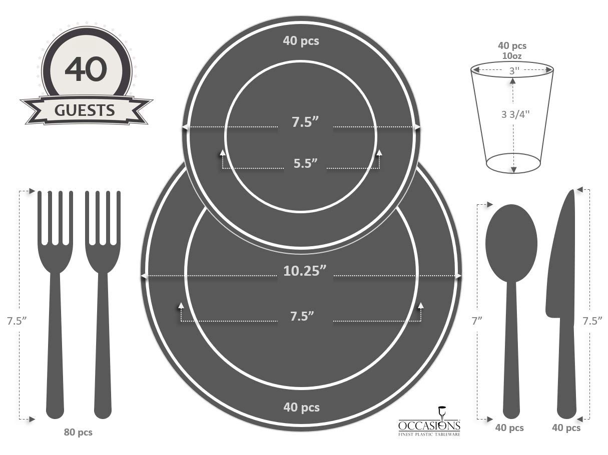 320-Piece Disposable Plastic Plate Set for 40 Guests - Wedding & Party Dinnerware (10.25'' & 7.5'' Plates, Silverware, Cups, Napkins) - Princess White & Silver - Perfect for Weddings, Birthdays, Baby Showers & Events