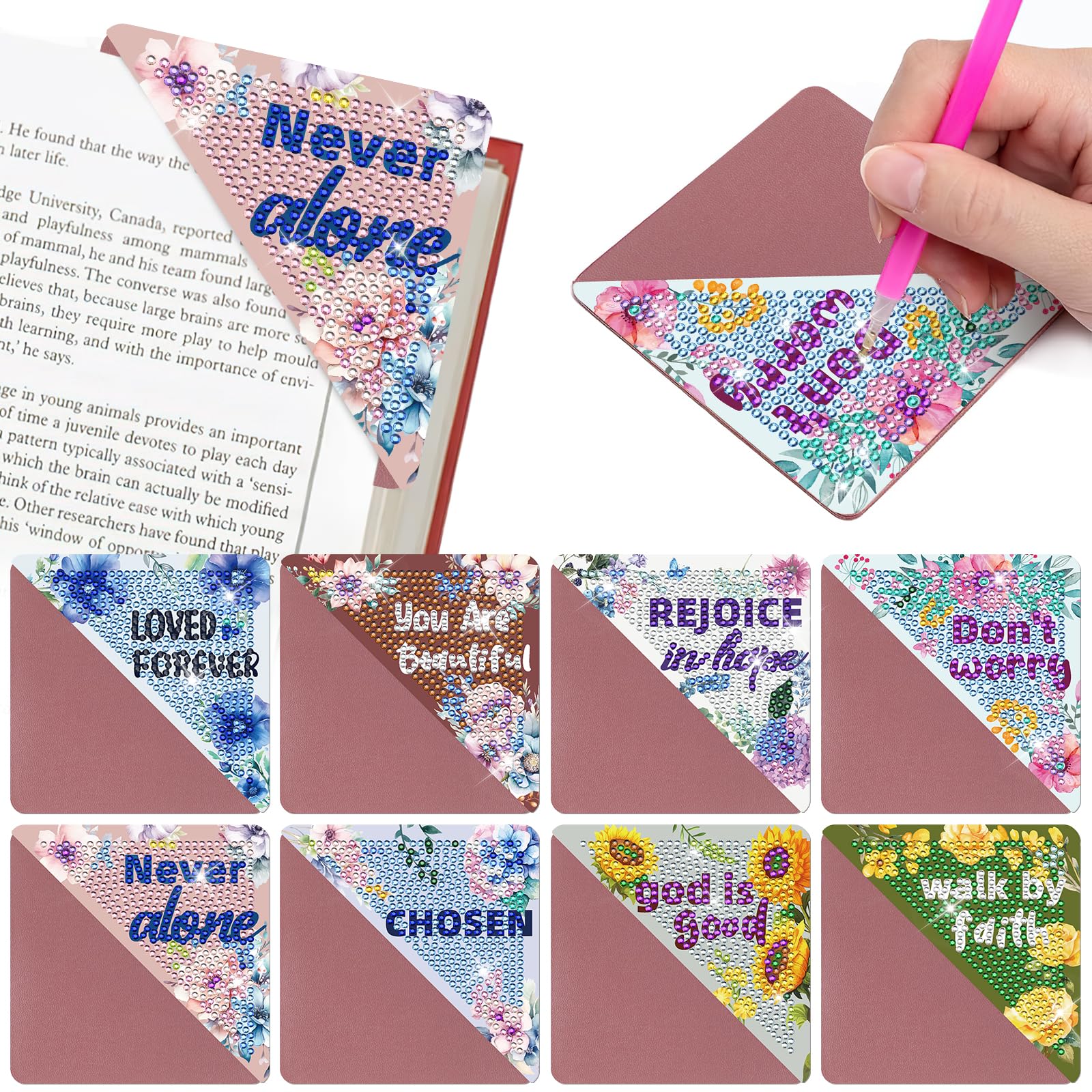 8 Pcs Christian Diamond Painting Bookmarks - Bible Verse Triangle Diamond Art Corner Bookmarks Kit, Inspirational Flower Religious DIY Bookmark Set for Beginners & Adults, Perfect Gift for Reading Lovers | Great for Bible Study, Journaling & Book Club Gifts