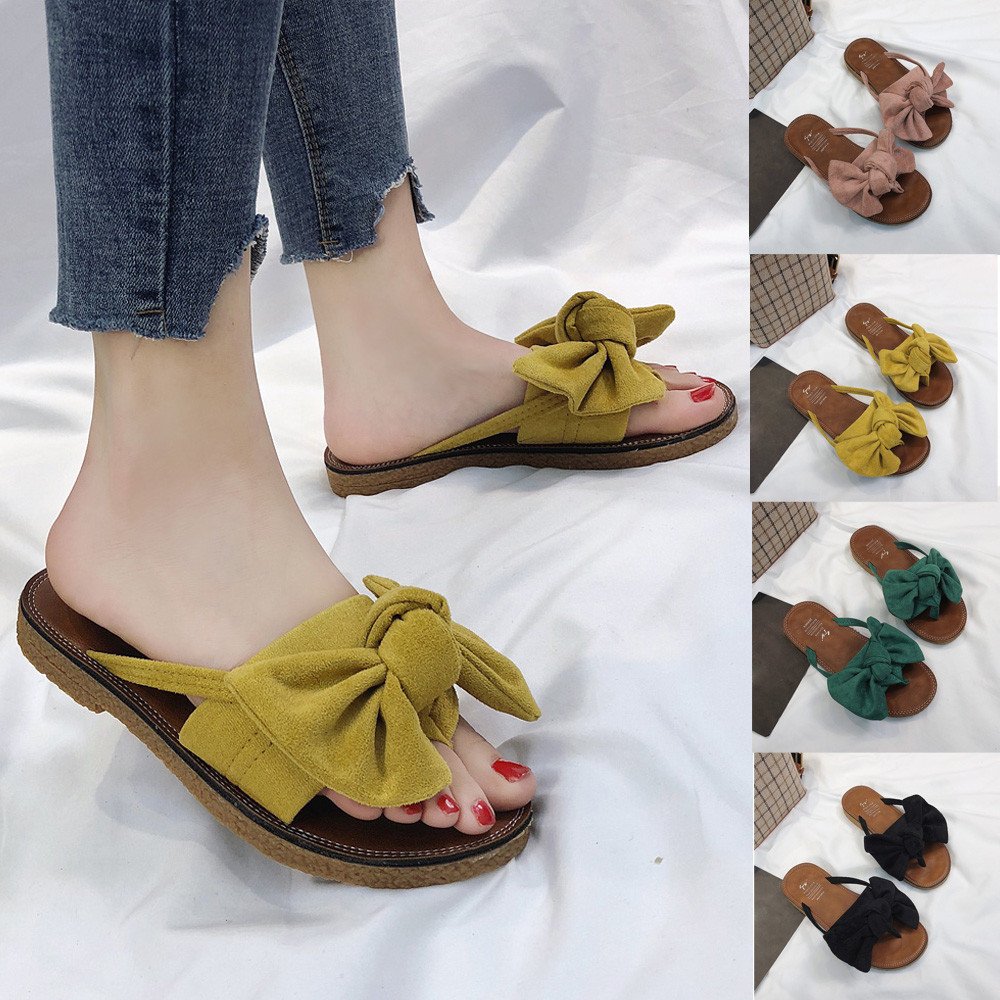 Women's Flat Slide Sandals - Comfortable Cork Sole & Cute Knot Bow Design - Breathable Canvas Summer Sandals for Casual Wear, Beach, and Outdoor Activities