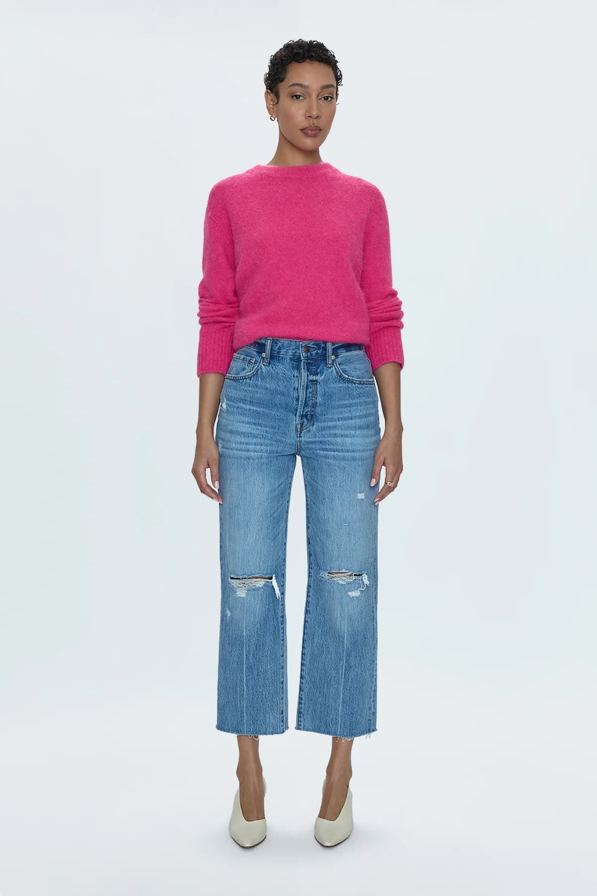 Cassie Crop Jeans - Women's High Waisted Distressed Denim Jeans in Bushwick Wash | Perfect for Casual Outfits & Streetwear Fashion