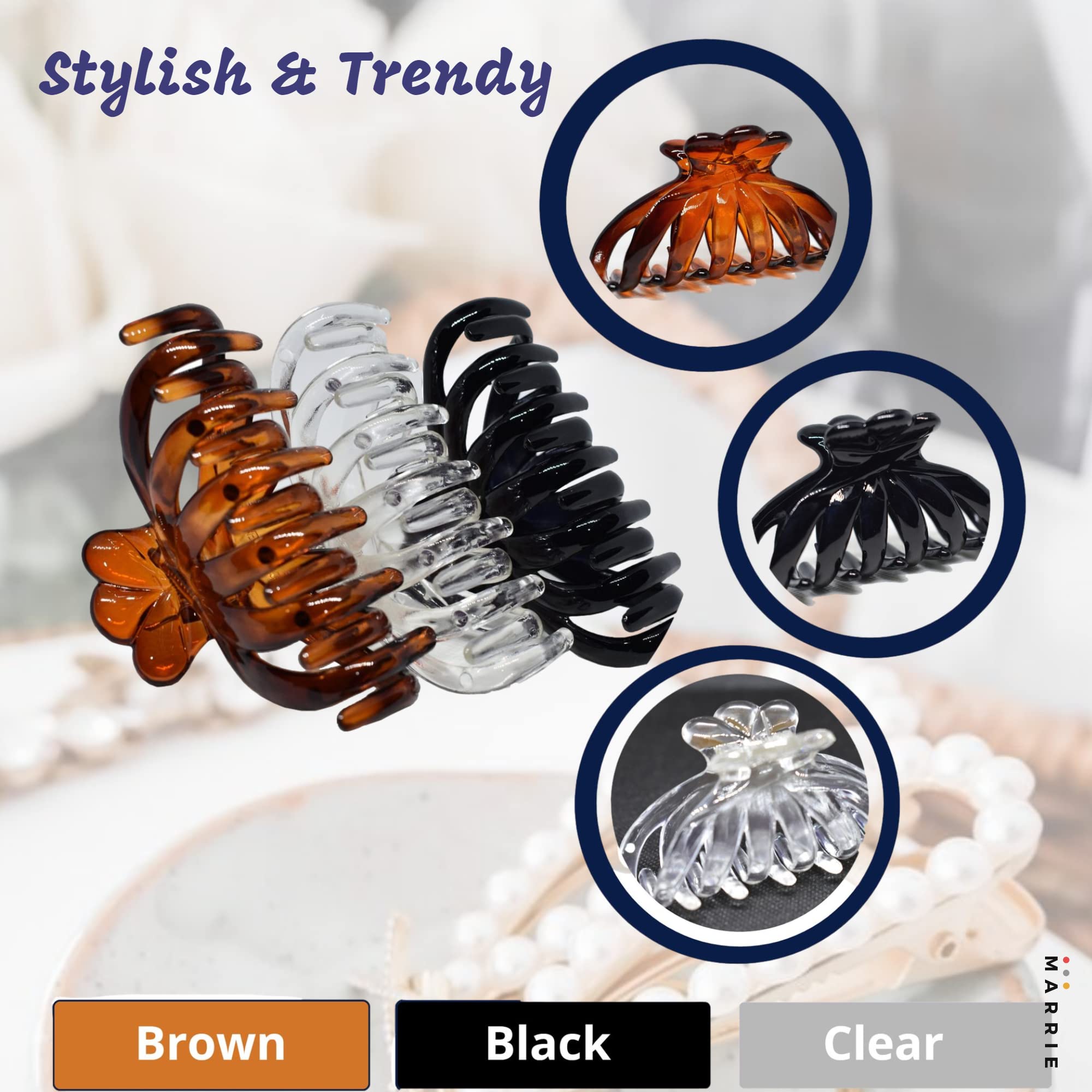 Marrie Non-Slip Hair Claw Clips for Women & Girls - Strong Hold Double Jaw Hair Clamps for Medium to Thin & Long Hair - Stylish Hair Accessories (Black, Brown, Clear) - Perfect for Work, School & Everyday Hairstyles