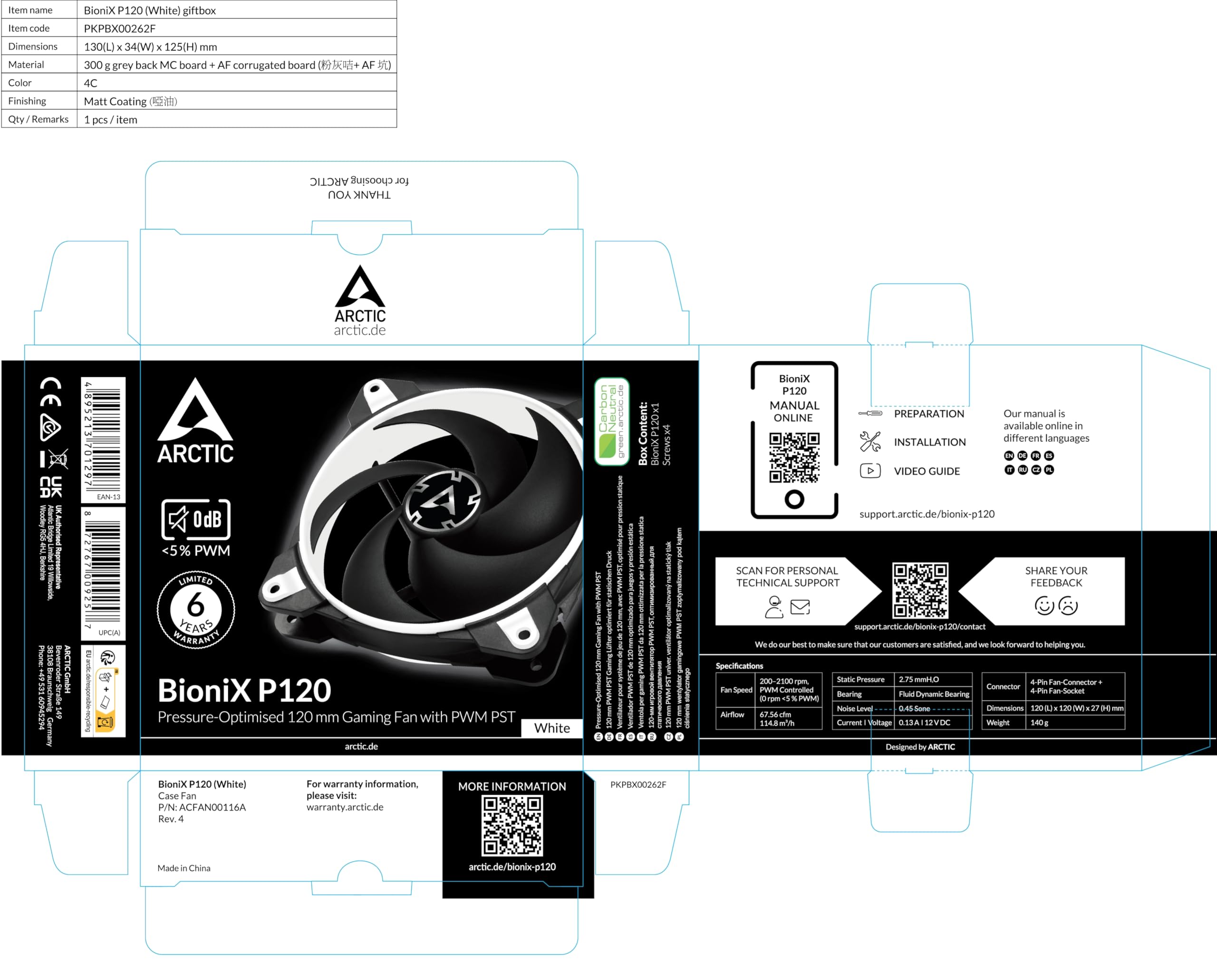 ARCTIC BioniX P120 - 120mm PWM PC Case Fan with Pressure-Optimized Blades, Ultra-Quiet Motor (200-2100 RPM), White - Perfect for Gaming PCs, Workstations & High-Airflow Computer Builds