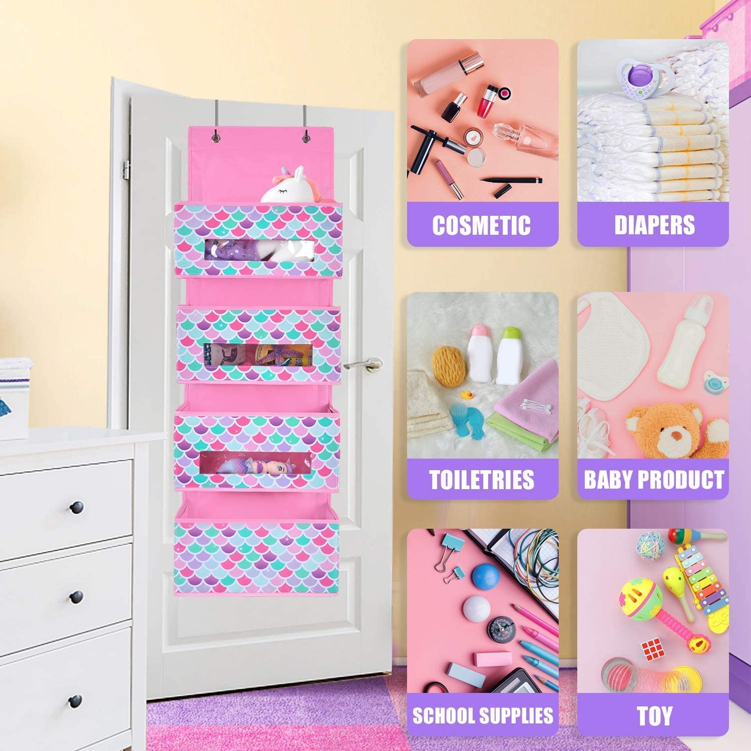 WERNNSAI Over Door Organizer with 4 Clear Pockets - Hanging Storage for Kids, Baby Clothes, Diapers & Pantry Items - Space Saving Nursery, Bedroom & Closet Decor - Perfect for Small Spaces & Home Organization