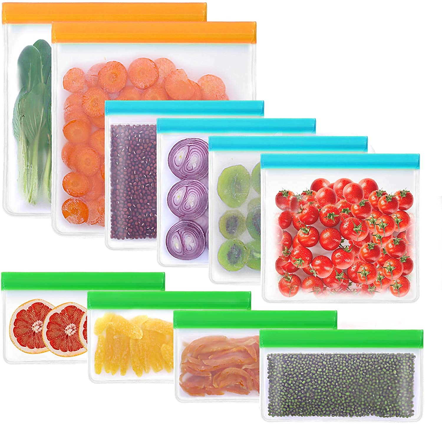 QILVYI 10 Pack Reusable Food Storage Bags - 2 Gallon Bags + 4 Leakproof Sandwich Bags + 4 Kids Snack Bags | Eco-Friendly, BPA-Free, Resealable for Meat, Fruits, Vegetables | Perfect for Meal Prep, School Lunches & Picnics
