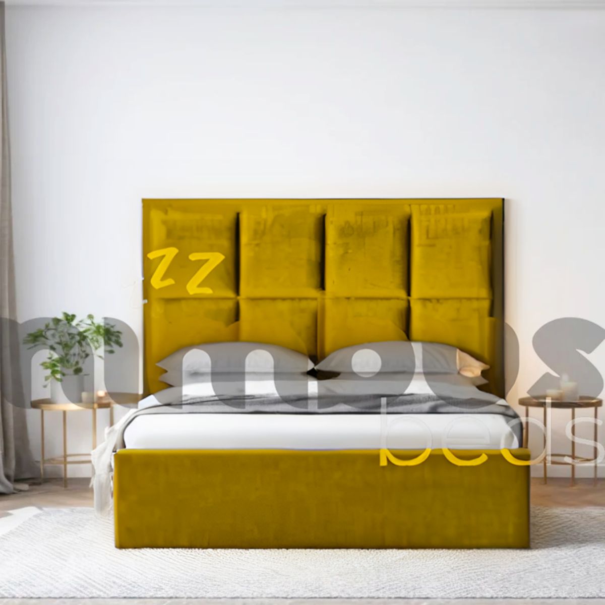 8 Square Panel Bed Frame - Queen Size Wooden Platform Bed with Upholstered Headboard - Perfect for Modern Bedrooms & Guest Rooms