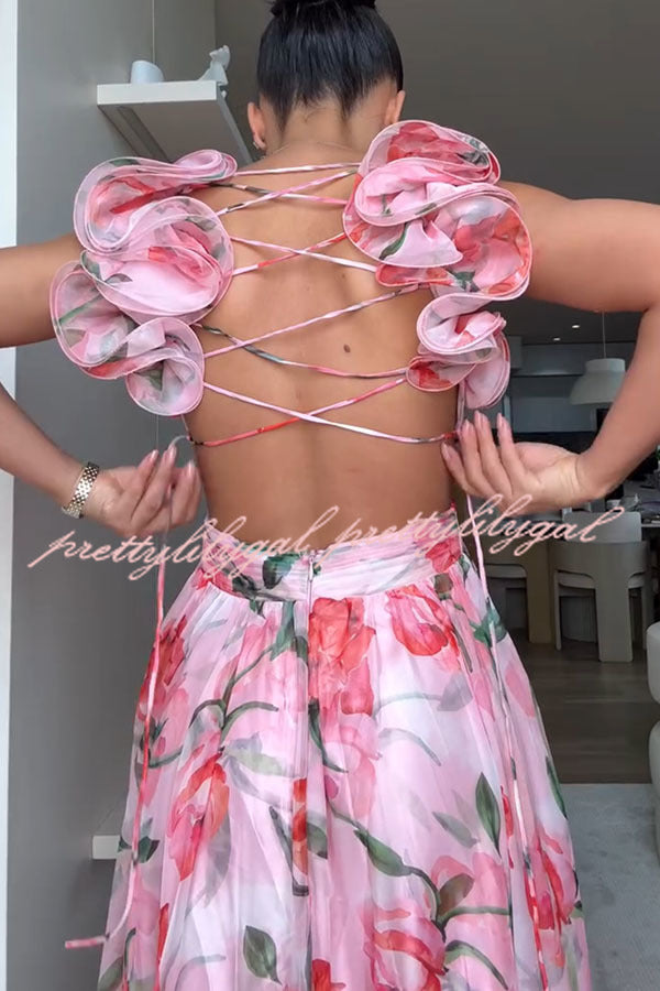 Whimsy Grace Tulle Floral Ruffle Detail Back Lace Up Pleated Maxi Dress - Elegant Wedding Guest & Special Occasion Formal Gown for Women