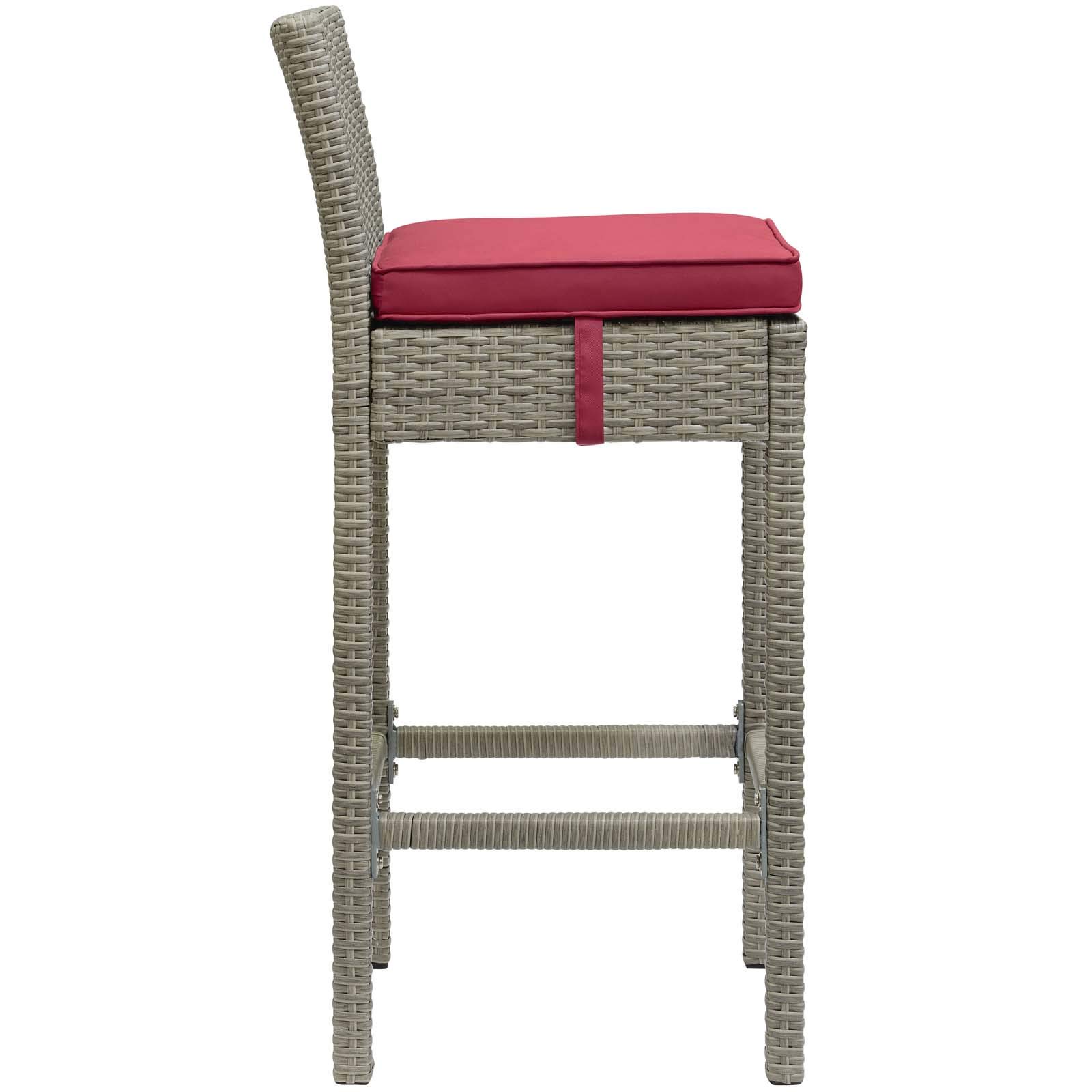 Modway EEI-3604-LGR-RED Outdoor Wicker Rattan Bar Stools Set of 2 - Light Gray & Red - Patio Furniture for Backyard, Poolside & Garden Decor - Weather-Resistant Dining Chairs for Outdoor Entertaining
