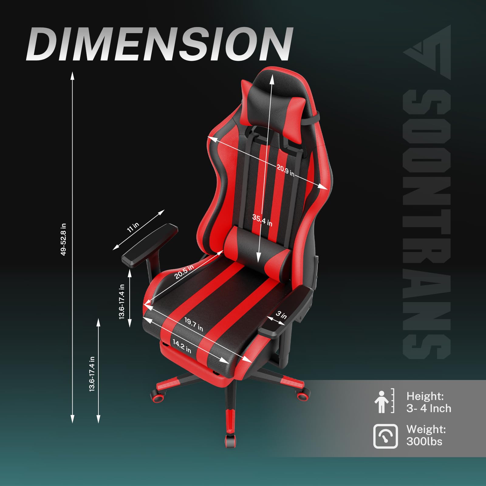 Soontrans Red Gaming Chair with Footrest - Ergonomic Racing Style Massage Gaming Chair for Adults, Adjustable Height & 360° Swivel, Reclining Computer Office Chair for PC Gaming, Streaming & Home Office Use