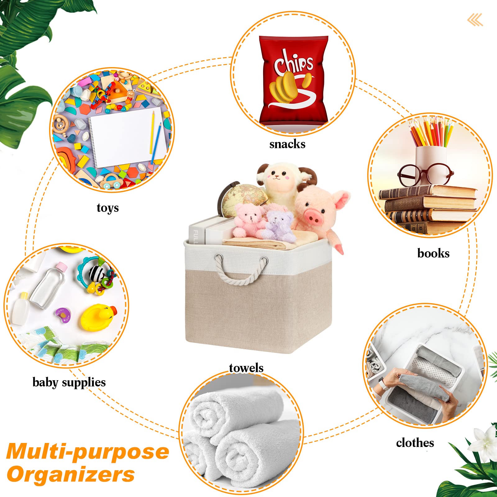 8 Pack Collapsible Storage Bins - Foldable Fabric Organizer Baskets with Handles for Home, Closet, Shelf & Toy Storage - 15 x 11 x 9.5 Inch Beige Polyester Bins - Perfect for Organizing Towels, Blankets, Kids Toys & Bedroom Essentials
