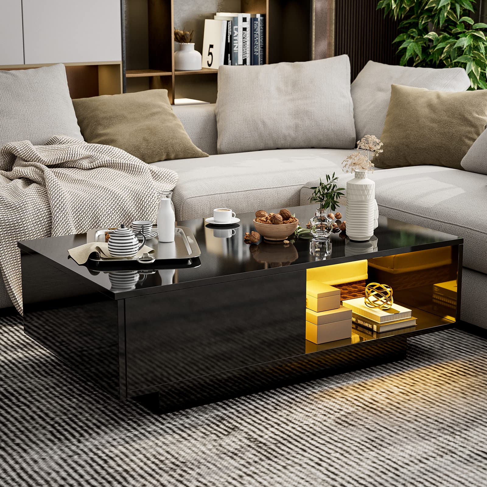 IKIFLY Modern High Glossy LED Coffee Table with 16 Color Changing Lights, Rectangle Cocktail Table with Storage Drawer - Perfect for Living Room, Office, Dorm or Game Room Furniture (Black)