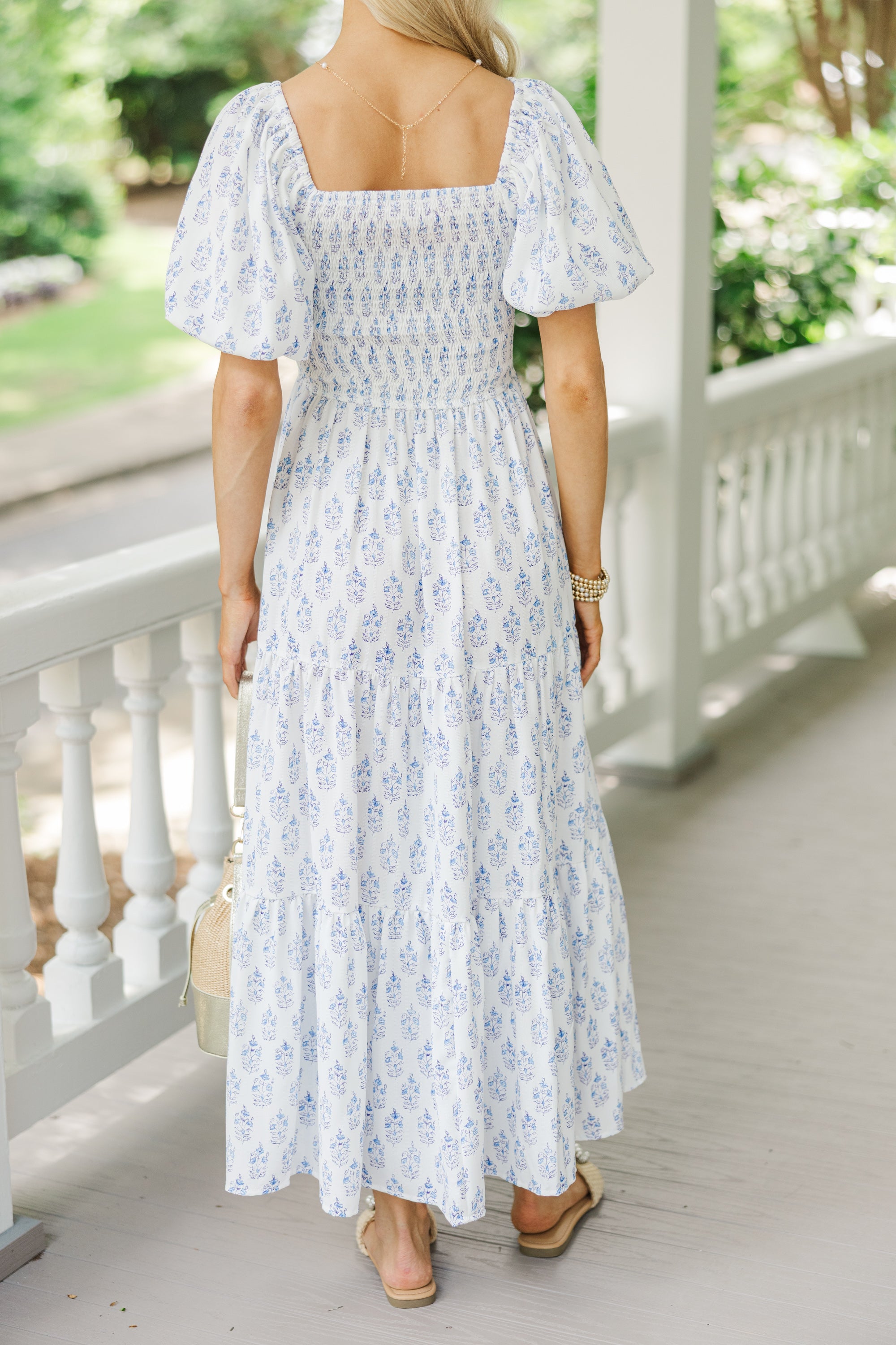 Garden Stroll Blue Floral Medallion Midi Dress - Women's Summer Boho Maxi Dress with Pockets | Perfect for Beach Vacations, Date Nights & Outdoor Weddings