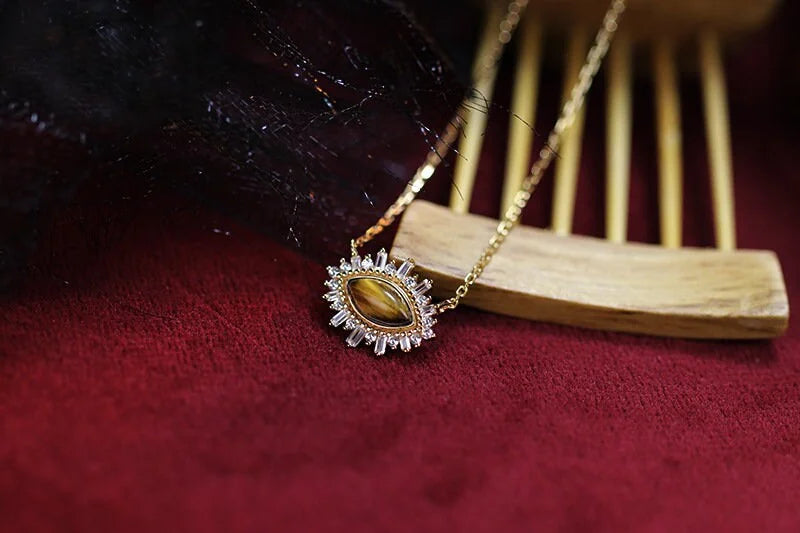 925 Silver 14K Gold Plated Natural Tiger Eye Crystal Ring & Necklace Set - Elegant Jewelry for Women | Perfect for Gifts, Parties & Special Occasions