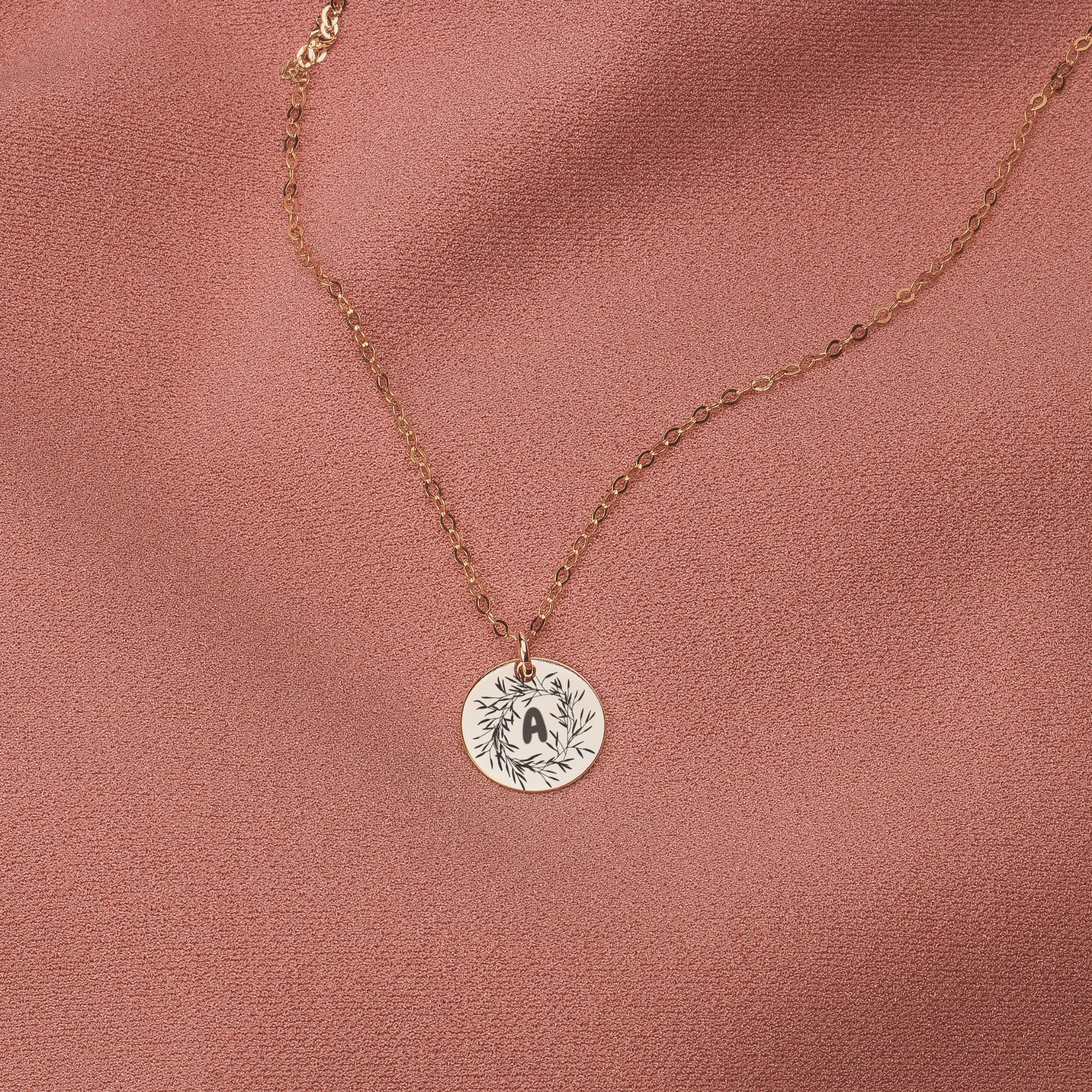 Personalized Engraved Round Disc Necklace - 14K Rose Gold Fill, Olive Wreath Initial, 16 Inches | Custom Name Jewelry Gift for Women, Mom, Wife | Birthday, Anniversary, Valentine's Day Present
