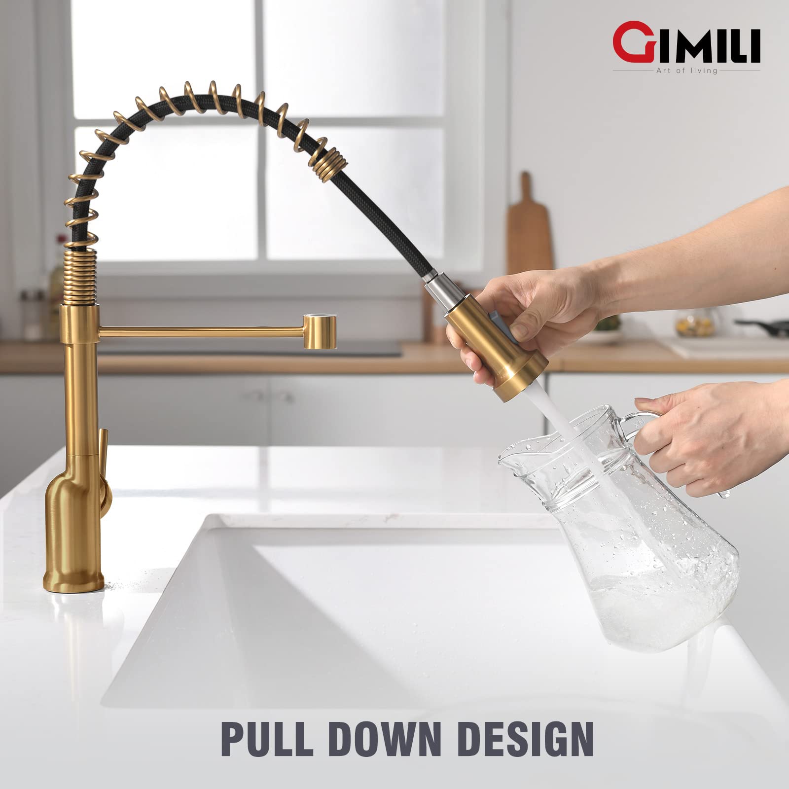 GIMILI Brushed Gold Kitchen Faucet with Pull Down Sprayer, Single Handle Brass Spring Design, RV Farmhouse Utility Bar Laundry Faucet for Kitchen Sink, Perfect for Modern and Rustic Home Decor