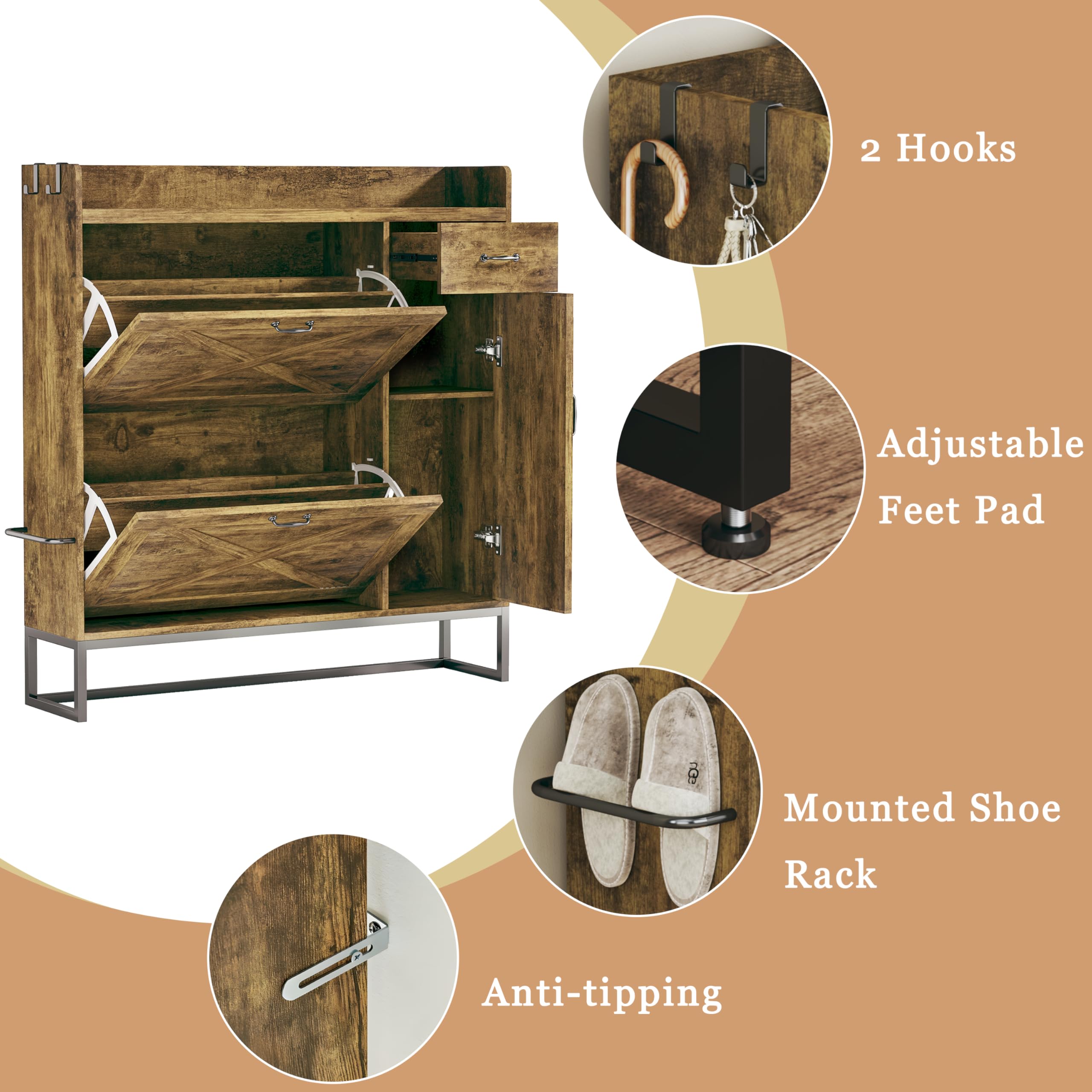 Freestanding Shoe Storage Cabinet with 2 Flip Drawers & Side Cabinet - Adjustable Shelves Shoe Organizer for Entryway, Hallway, Living Room - Brown Wooden Shoe Rack for Home Organization & Closet Storage