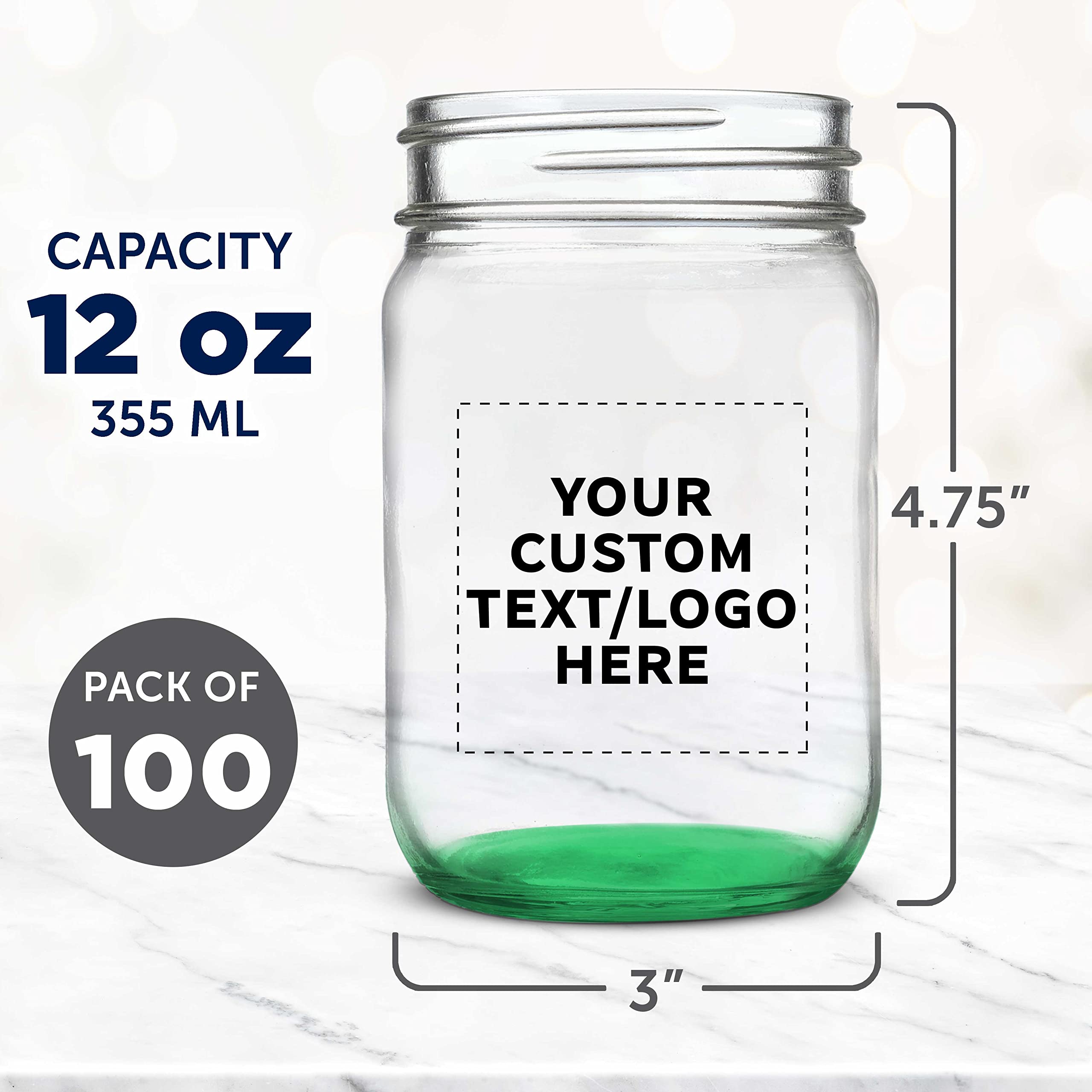 100-Pack 12oz Custom Mason Jars Bulk Set - Personalized Glass Jars for Overnight Oats, Candies, Fruits, Pickles & Spices Storage - Perfect for DIY Crafts, Wedding Favors, Party Decor & Kitchen Organization (Green)