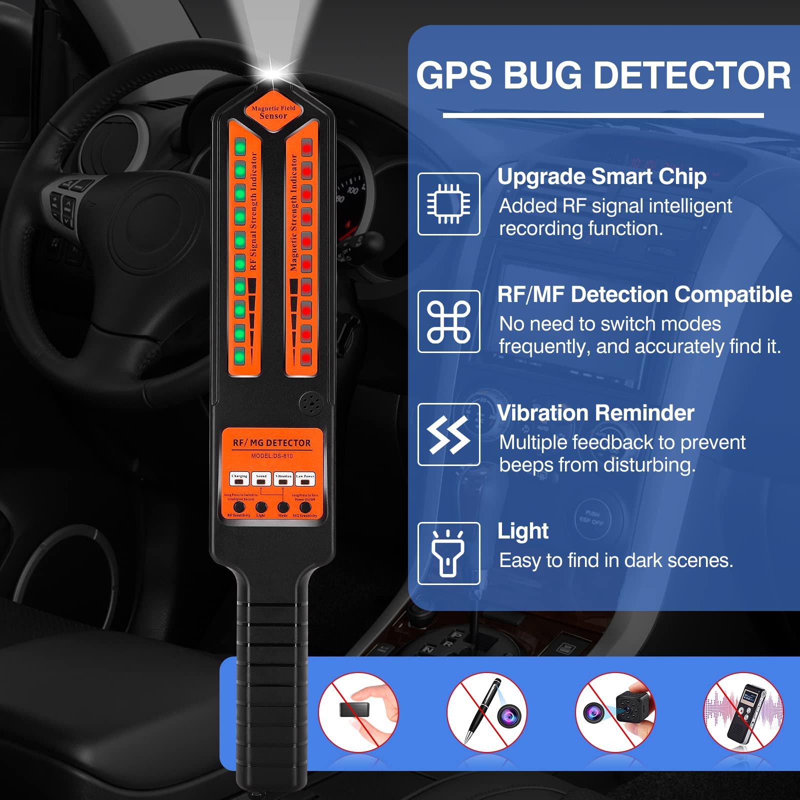 Anti Spy Detector & GPS Bug Finder - RF Signal Wireless Scanner for Hidden Cameras & Electronic Bug Sweeper | Detect Car GPS Trackers & Surveillance Devices | Ideal for Home, Office & Vehicle Security