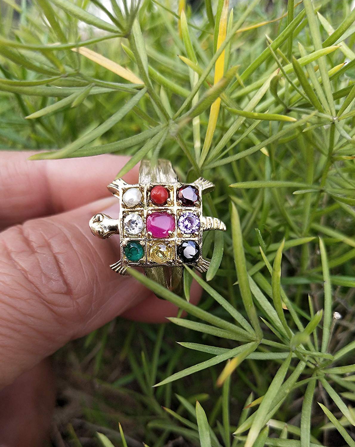Vintage Gold Plated Tortoise Ring with Navratan Gemstone - Adjustable Size for Men & Women - Perfect for Spiritual Healing, Meditation & Fashion Jewelry