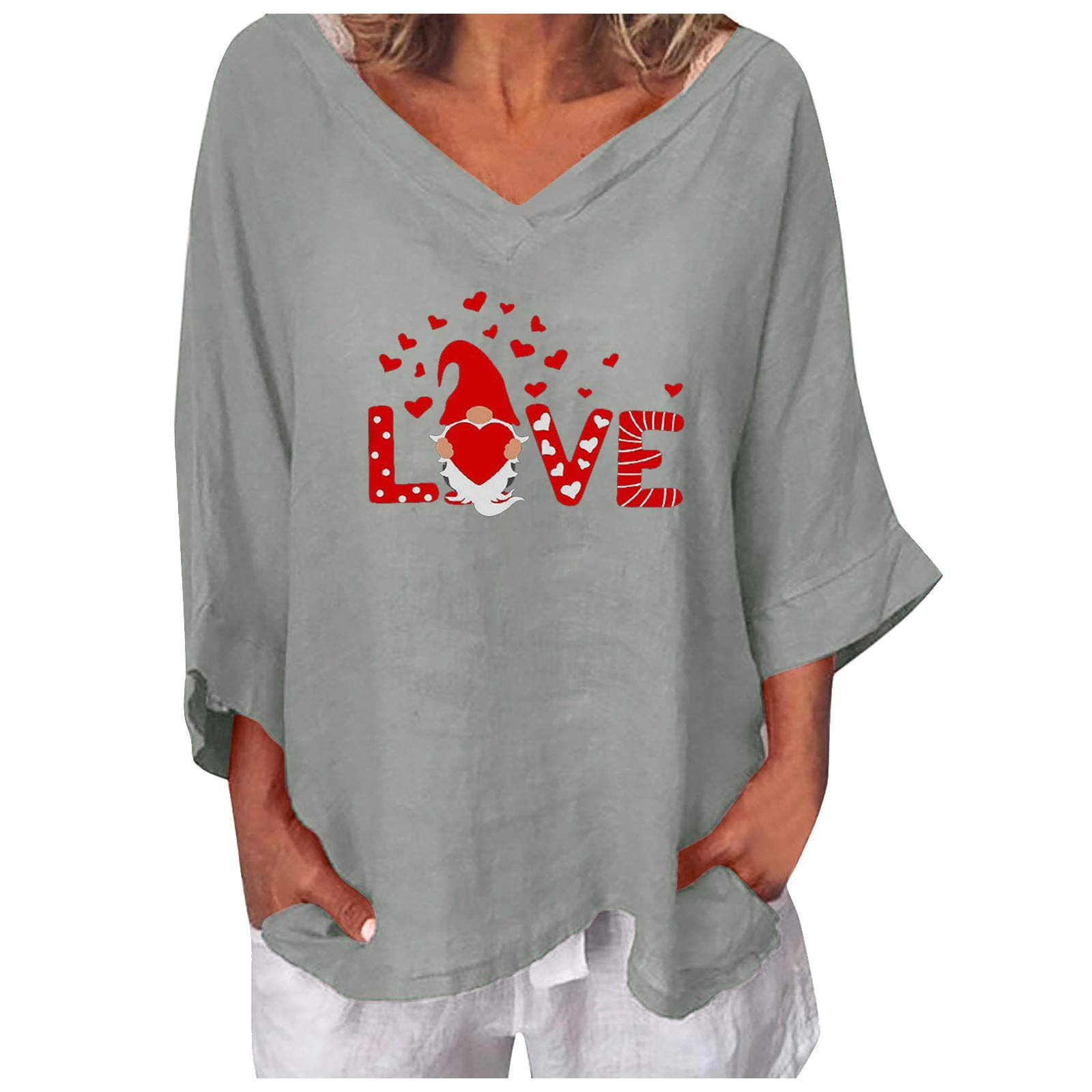 Valentine's Day Women's Heart Print V-Neck Cotton T-Shirt - Long Sleeve Casual Blouse for Date Night, Romantic Outfits & Gift Giving