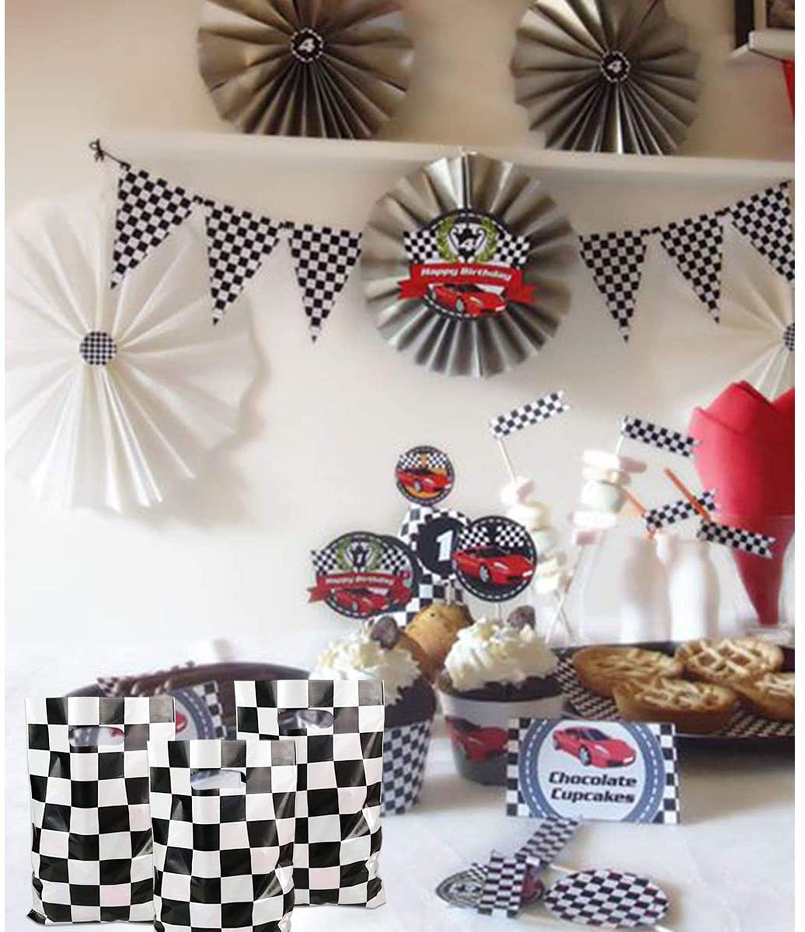 LYT 30 PCS Black and White Checkered Race Car Themed Gift Bags - Birthday Party Supplies for Kids, Race Car Theme Party Favors - Perfect for Kids' Birthday Parties, Baby Showers, and Race Car Themed Events