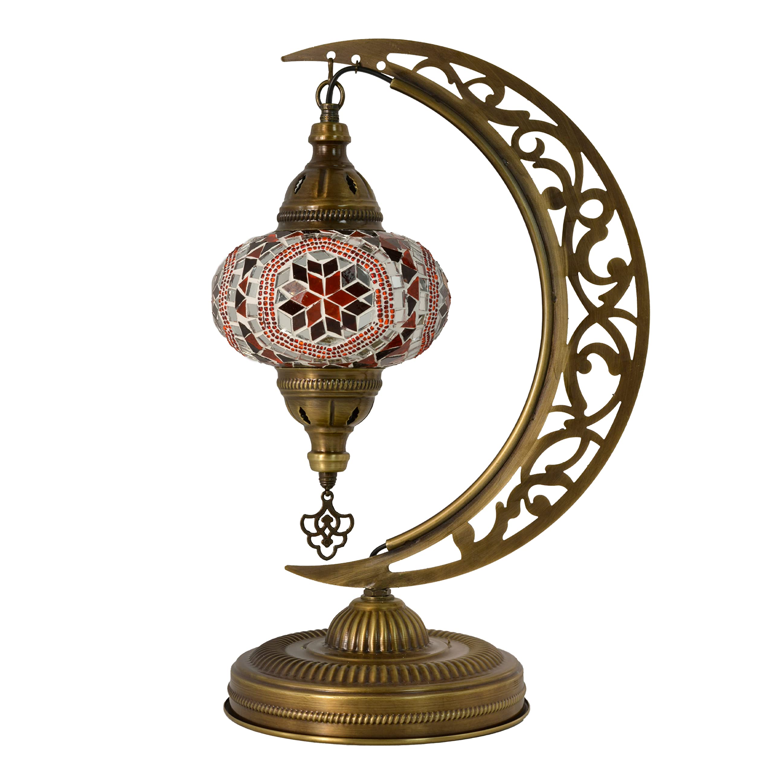 Handmade Turkish Mosaic Crescent Moon Table Lamp - Moroccan Boho Farmhouse Decor with E12 Socket & US Plug (Orange & Red) | Perfect for Bedroom Nightstand, Living Room Accent Lighting & Cozy Home Decor