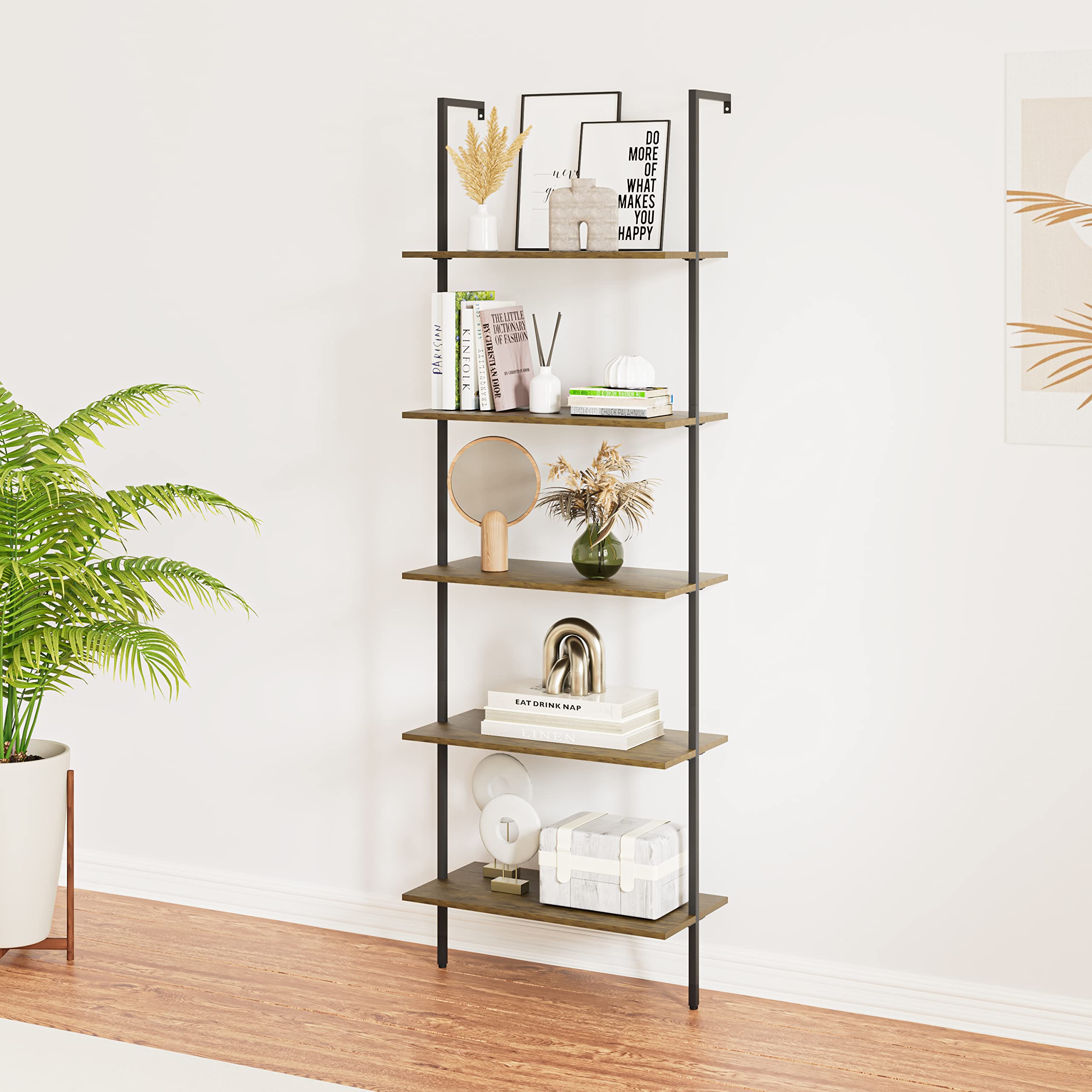 5-Tier Ladder Shelf Set of 2 - Modern Tall Bookshelf for Home & Office - Open Wall Mount Storage Bookcase - Industrial Style Standing Leaning Shelves - Perfect for Living Room, Bedroom & Office Organization (Brown)