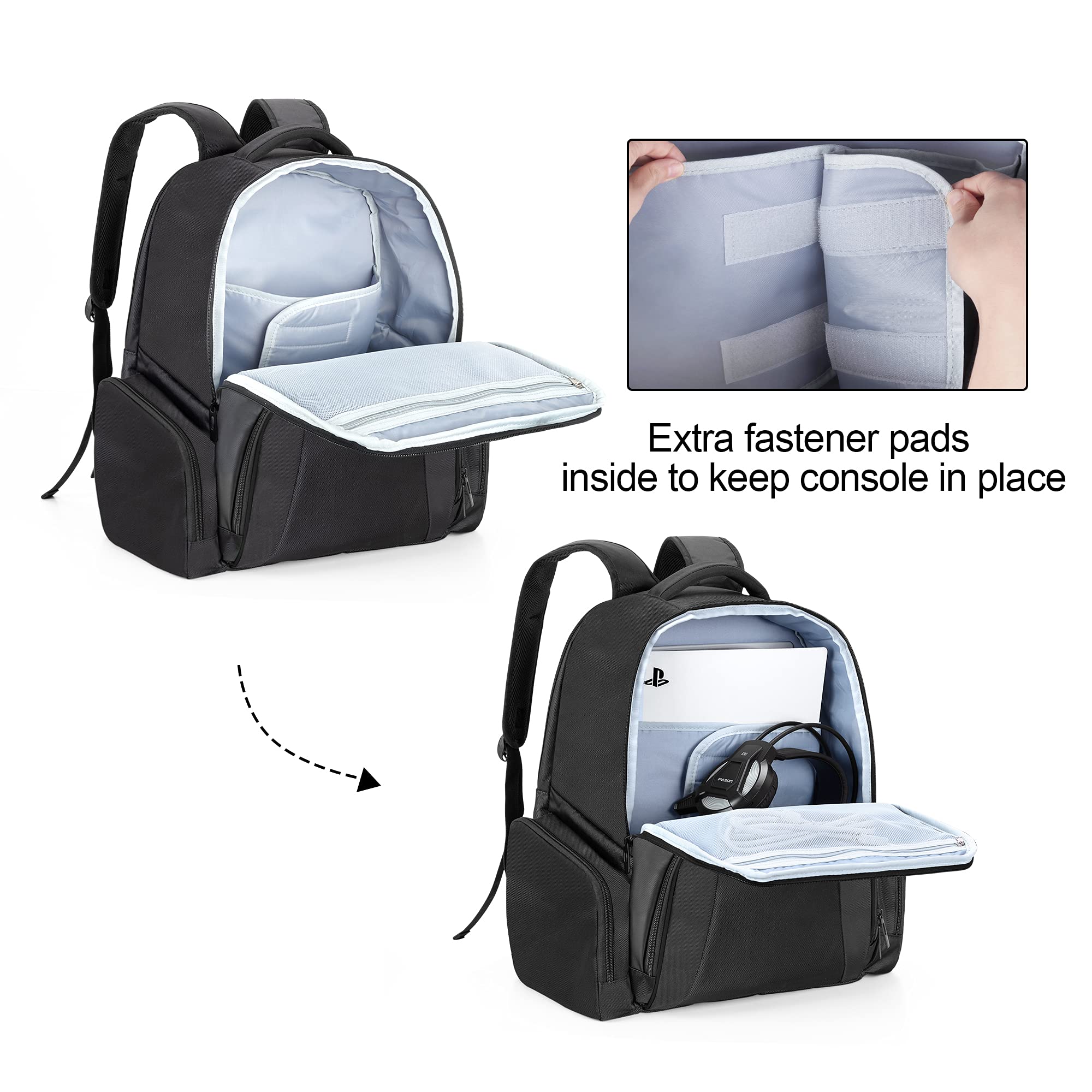 CURMIO Universal Gaming Console Carrying Case - Compatible with PS5, PS4, PS4 Pro, Xbox Series S/X, Xbox One, Xbox 360 | Travel Backpack for Game Console, Controllers & Accessories | Durable Black Stripe Design | Perfect for Travel, Storage & Gaming Parties